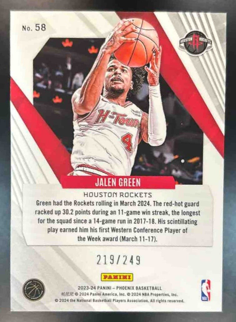2023-24 Panini Phoenix Jalen Green Orange Ice /249 #58 Houston Rockets - Sports Cards