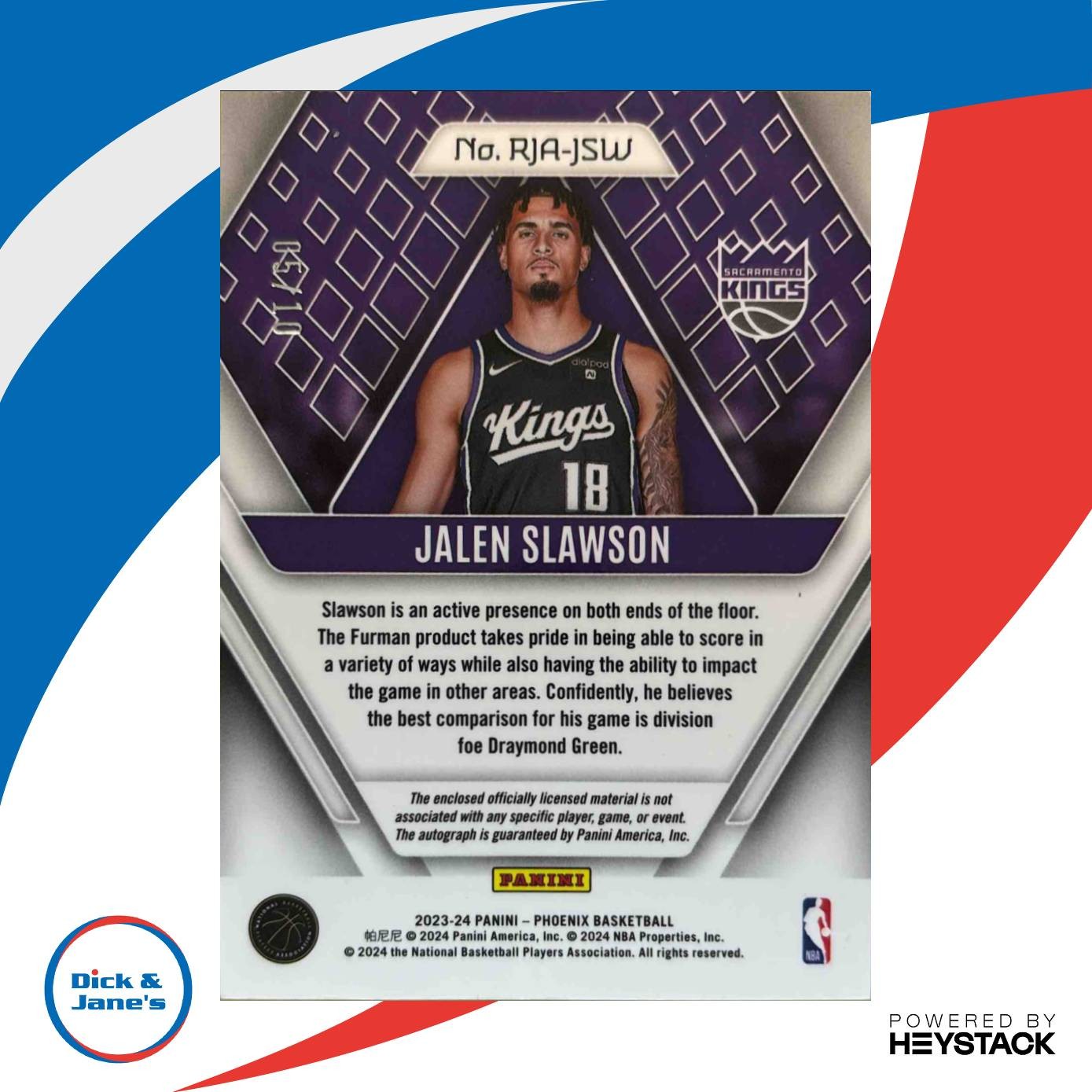 2023-24 Phoenix Jalen Slawson Rookie Jersey Auto Gold 5/10 Sacramento Kings - Sports Cards