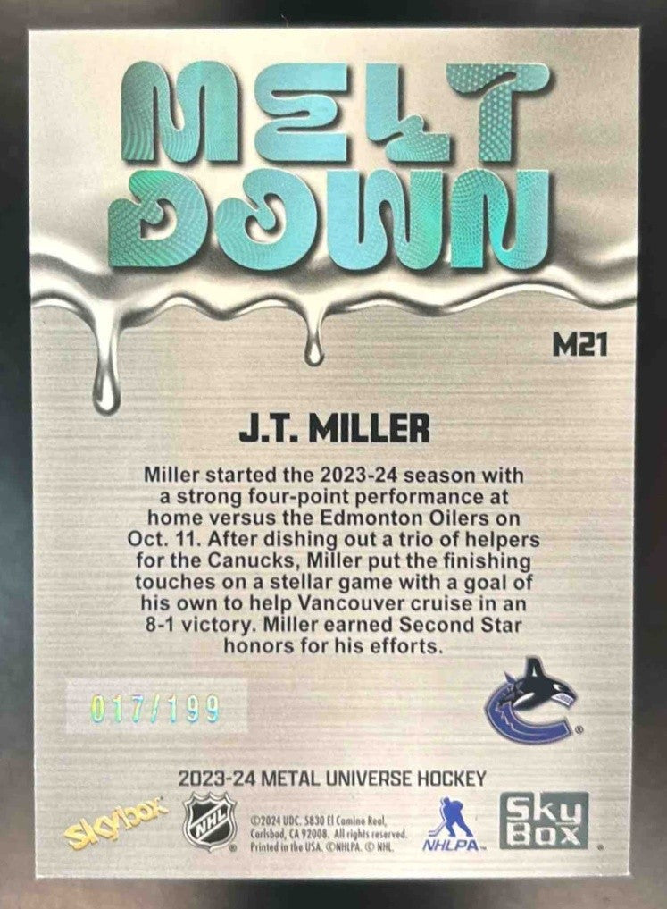 2023-24 Skybox Metal Universe J.T. Miller Meltdown /199 Vancouver Canucks - Sports Cards