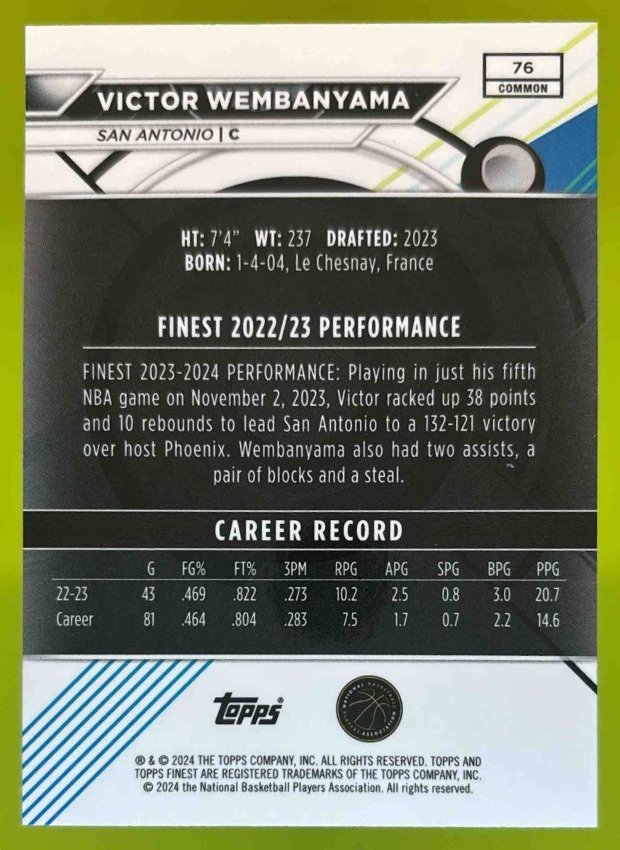 2023-24 Topps Finest Victor Wembanyama #76 Common RC San Antonio Spurs - Sports Cards