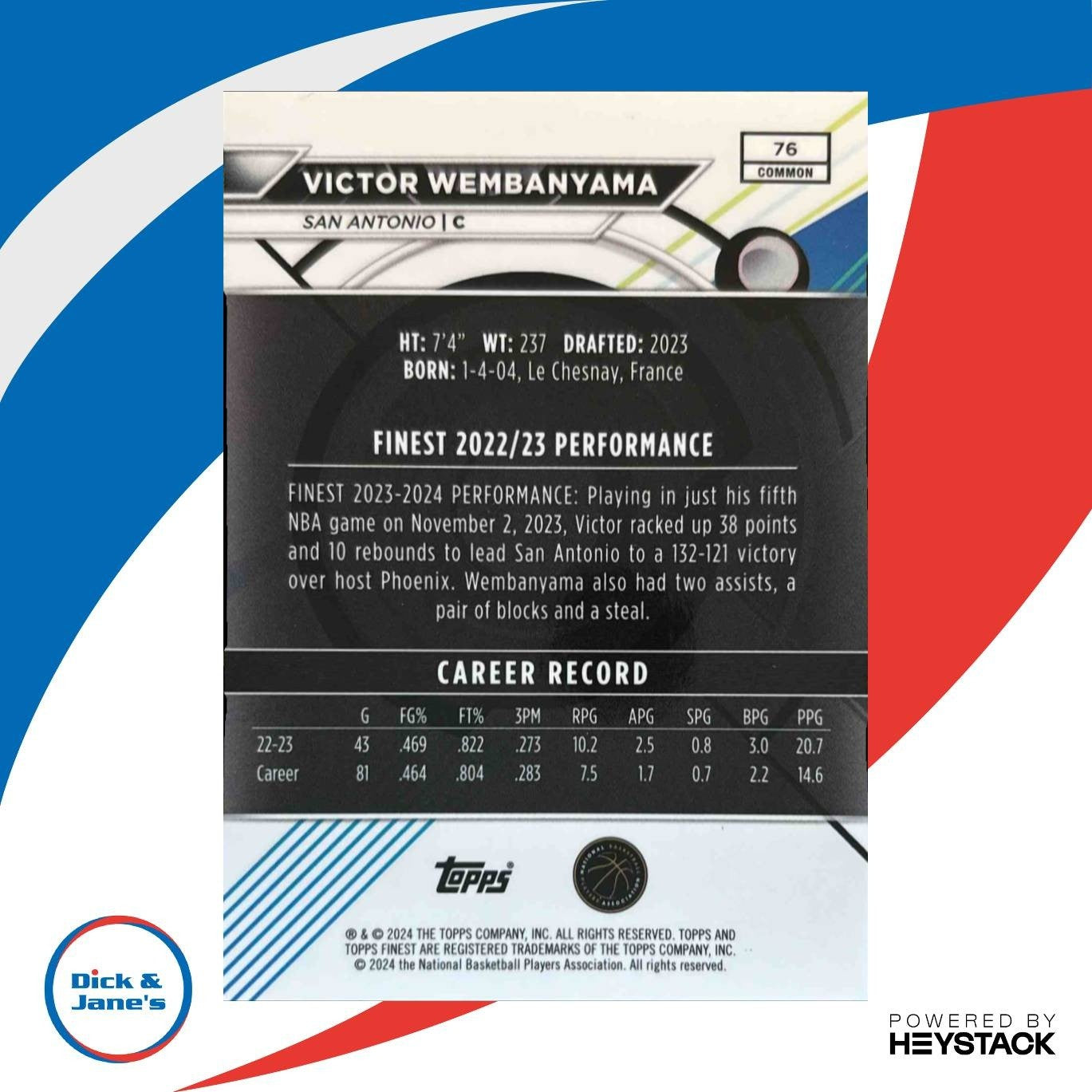 2023-24 Topps Finest Victor Wembanyama #76 Common RC San Antonio Spurs - Sports Cards