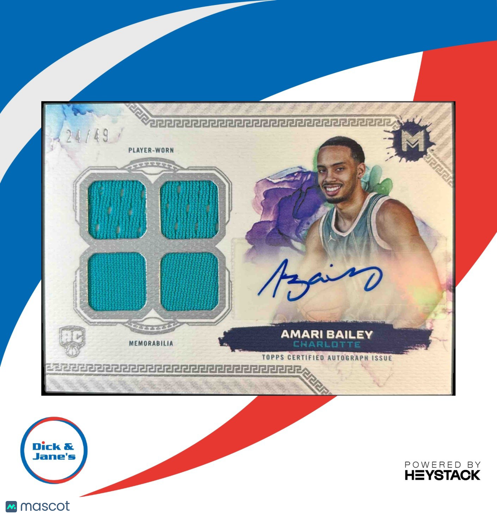 2023-24 Topps Motif Amari Bailey Rookie Quad Relic Auto 24/49 RC Charlotte - Sports Cards