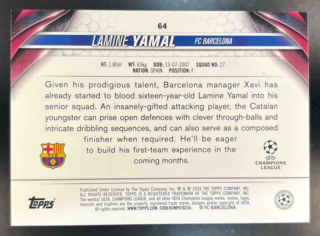 2023-24 Topps UEFA Club Competitions Lamine Yamal Pink #64 RC FC Barcelona - EX - Sports Cards