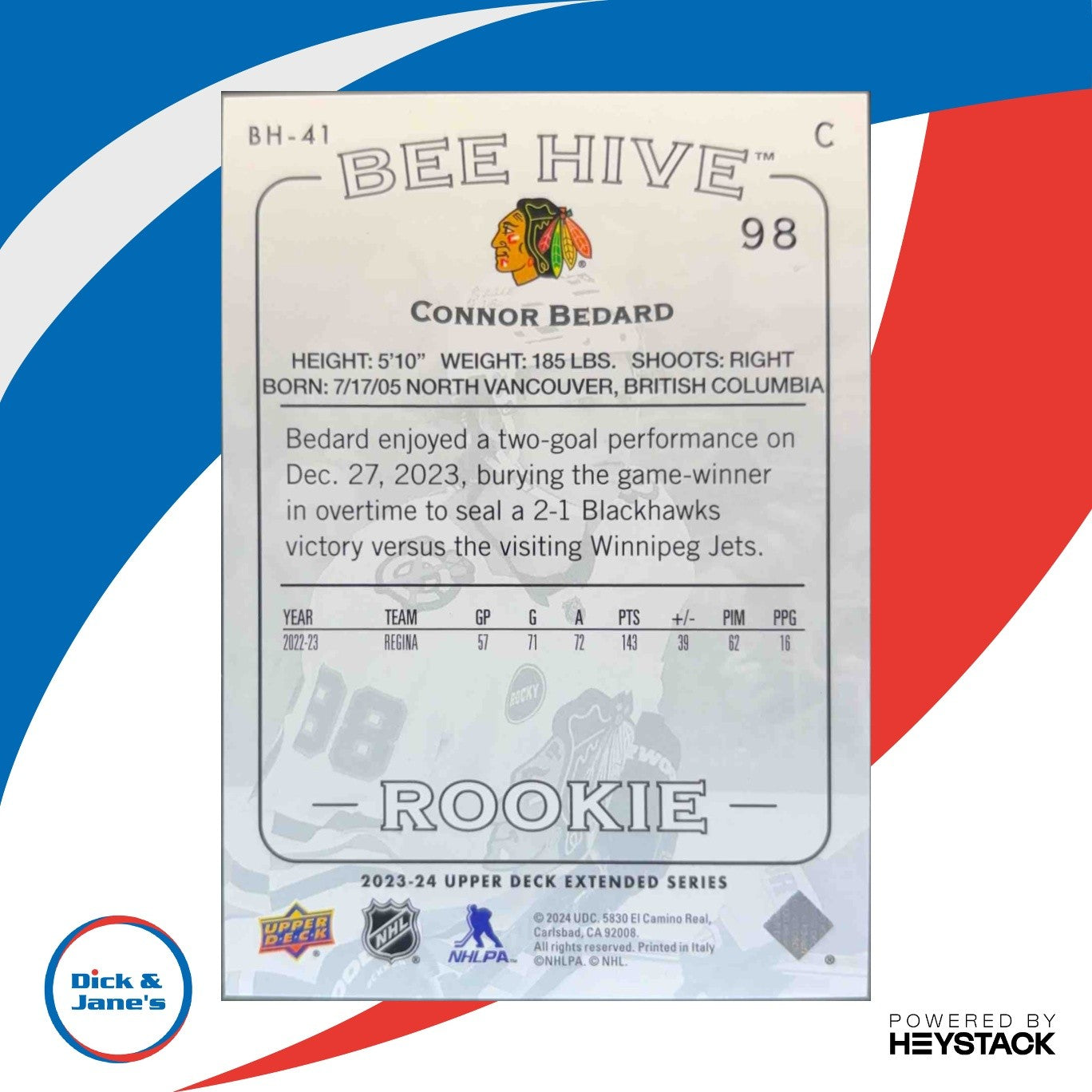 2023-24 Upper Deck Extended Series Connor Bedard 2003-04 Beehive RC Chicago - Sports Cards