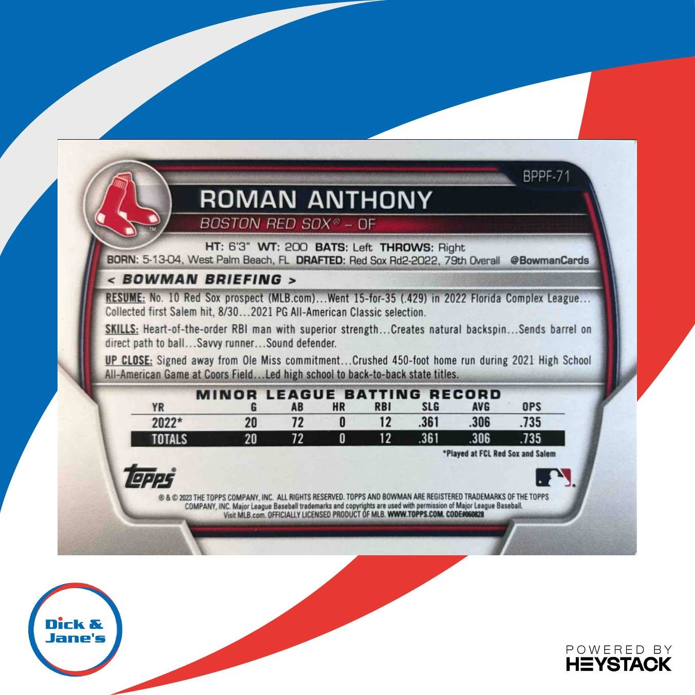 2023 Bowman 1st Edition Roman Anthony Blue Foil 38/150 #BPPF-71 Boston Red Sox - Sports Cards