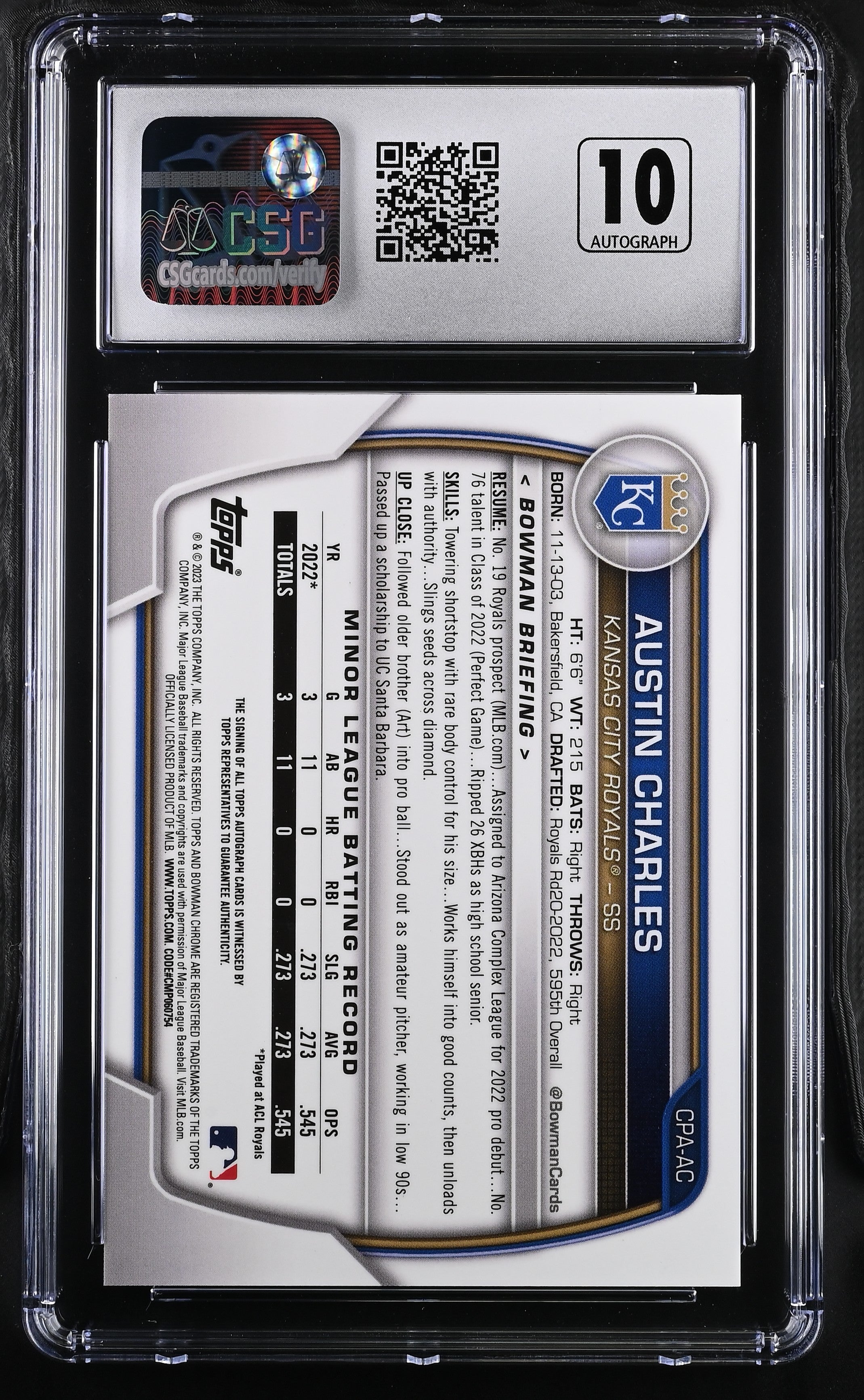 2023 Bowman Austin Charles Purple Refractor Chrome Prospect Autographs CGC 10 - Graded Sports Cards