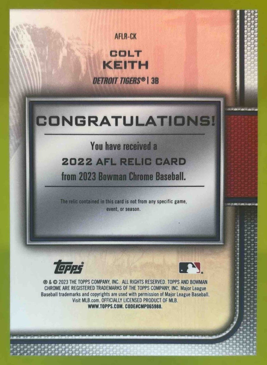 2023 Bowman Chrome Colt Keith 2022 AFL Relics 13/150 #AFLR-CK Detroit Tigers - Sports Cards