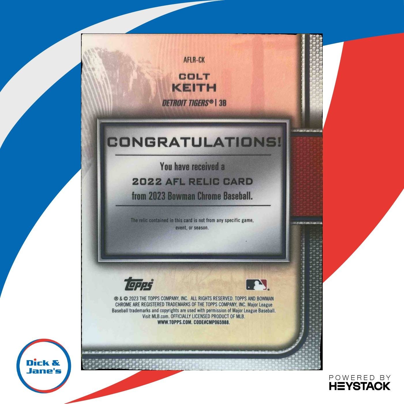2023 Bowman Chrome Colt Keith 2022 AFL Relics 13/150 #AFLR-CK Detroit Tigers - Sports Cards