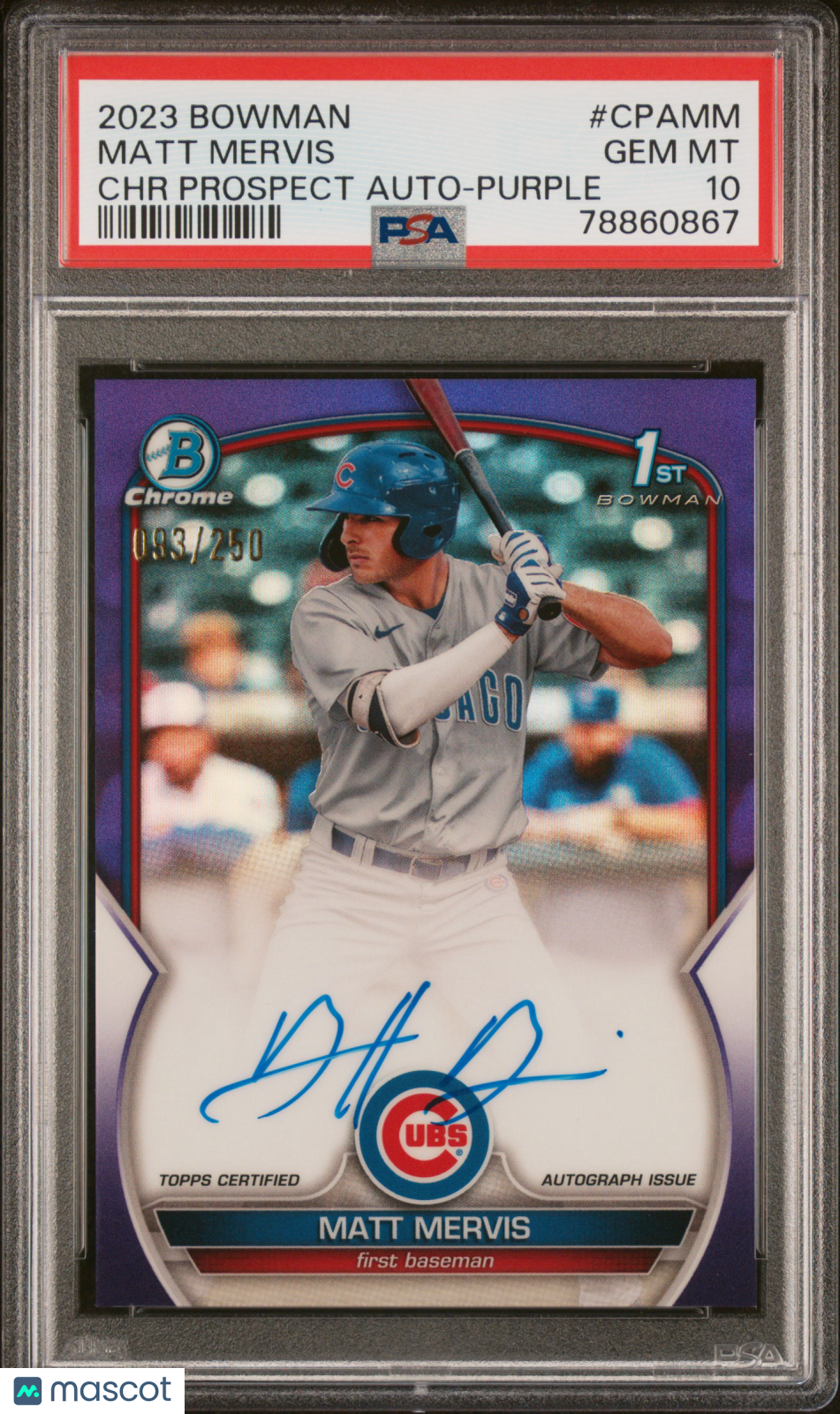 2023 Bowman Chrome Prospect Auto Matt Mervis Purple Refractor /250 PSA 10 Cubs - Graded Sports Cards