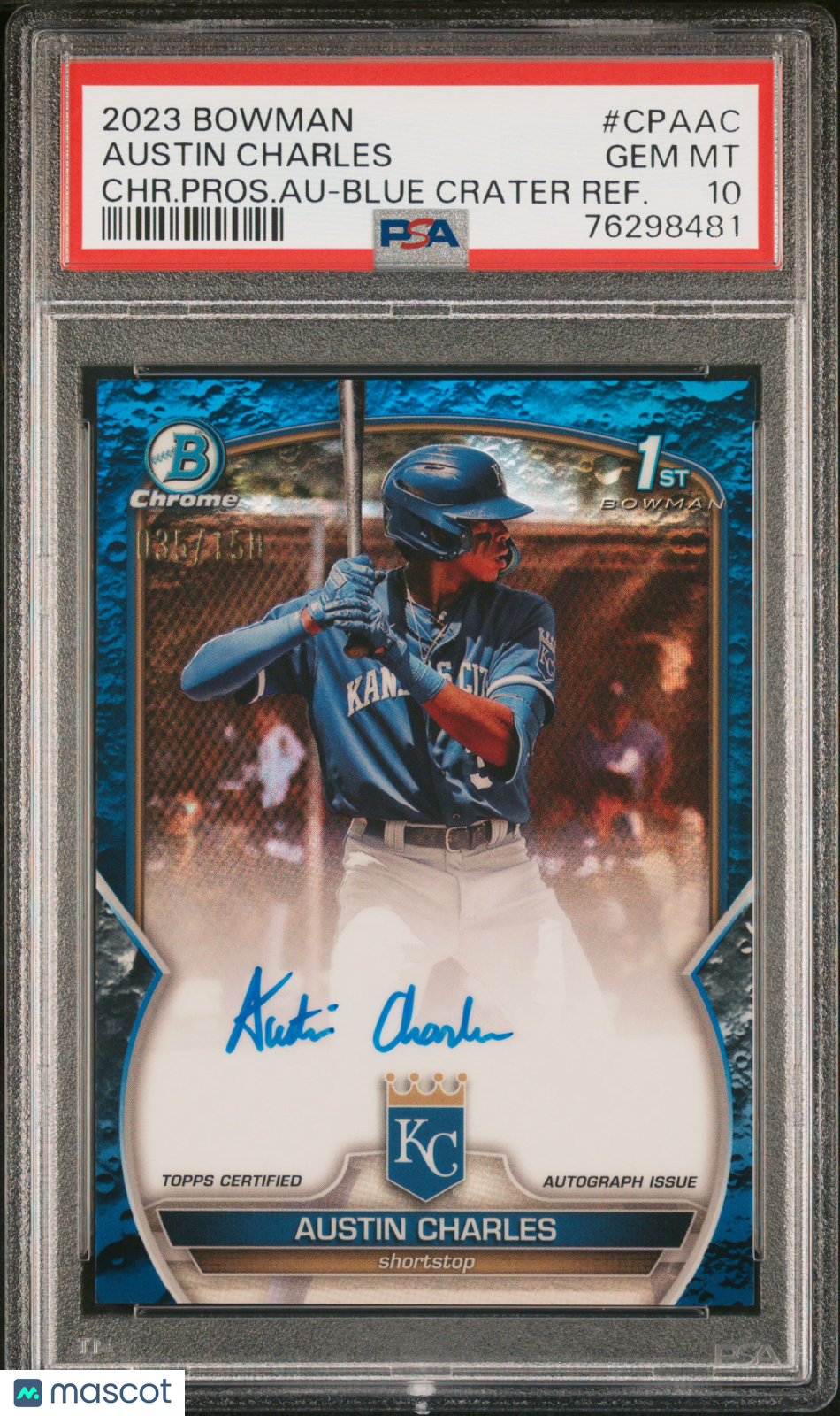 2023 Bowman Chrome Prospect Autographs Austin Charles Blue Crater Ref #CPAAC PSA 10 - Graded Sports Cards