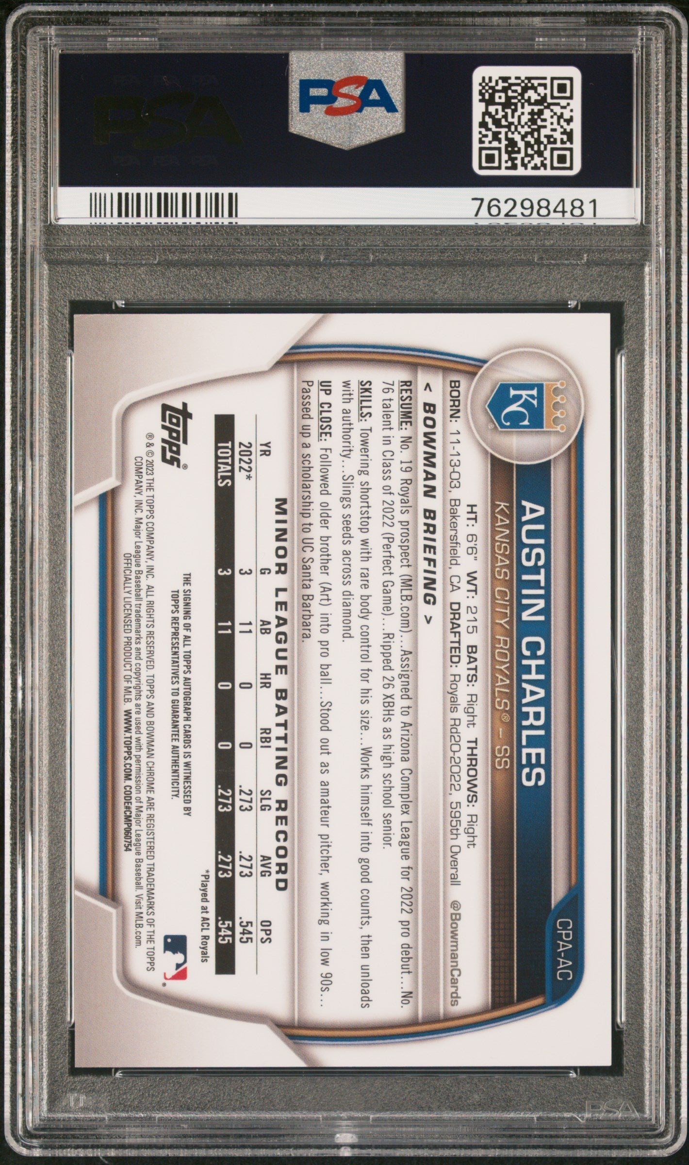 2023 Bowman Chrome Prospect Autographs Austin Charles Blue Crater Ref #CPAAC PSA 10 - Graded Sports Cards