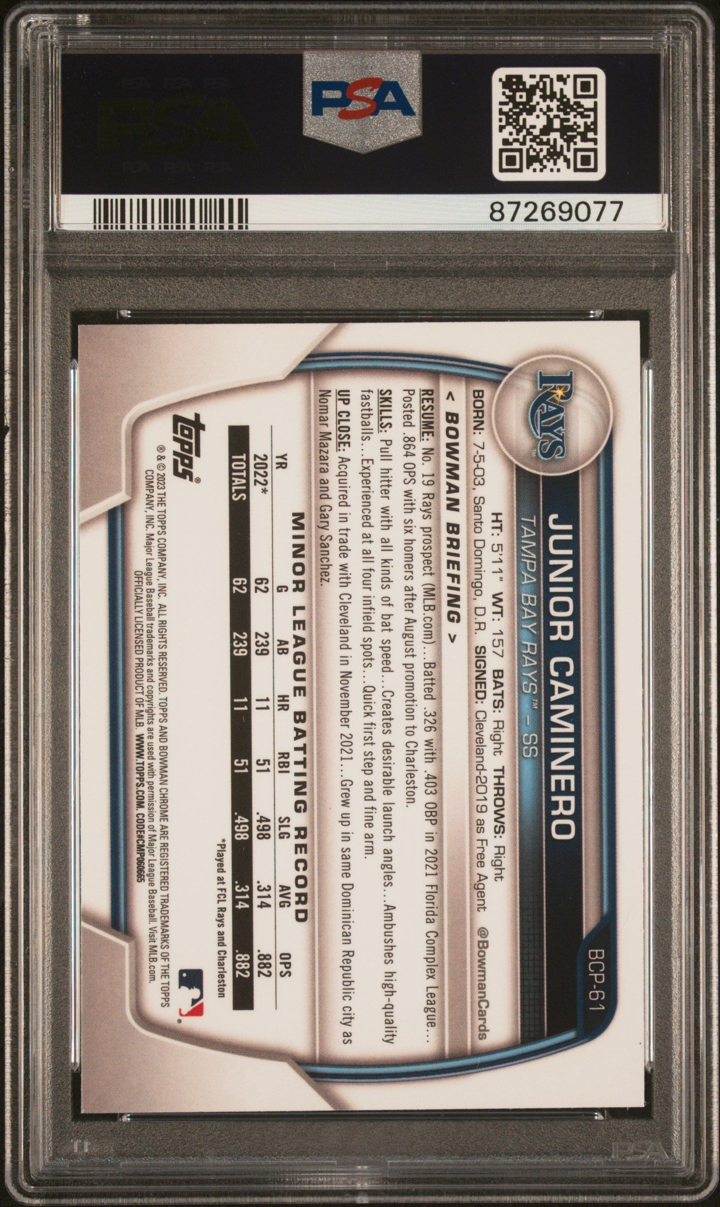 2023 Bowman Chrome Prospects Junior Caminero #BCP61 PSA 10 - Graded Sports Cards
