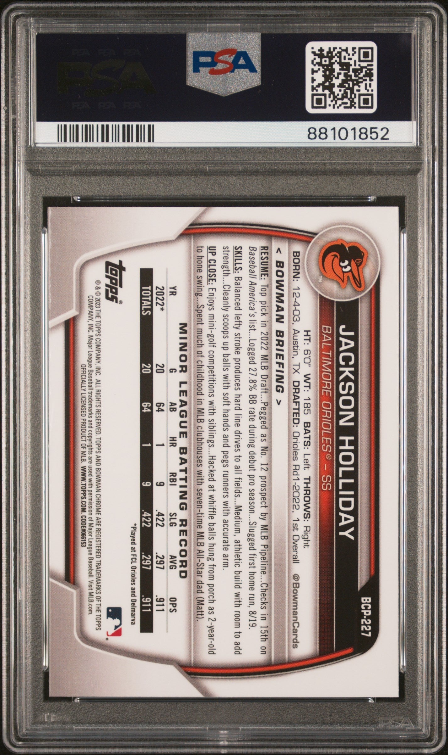 2023 Bowman Chrome Sapphire Edition Prospects Jackson Holliday #227 PSA 10 GEM - Graded Sports Cards