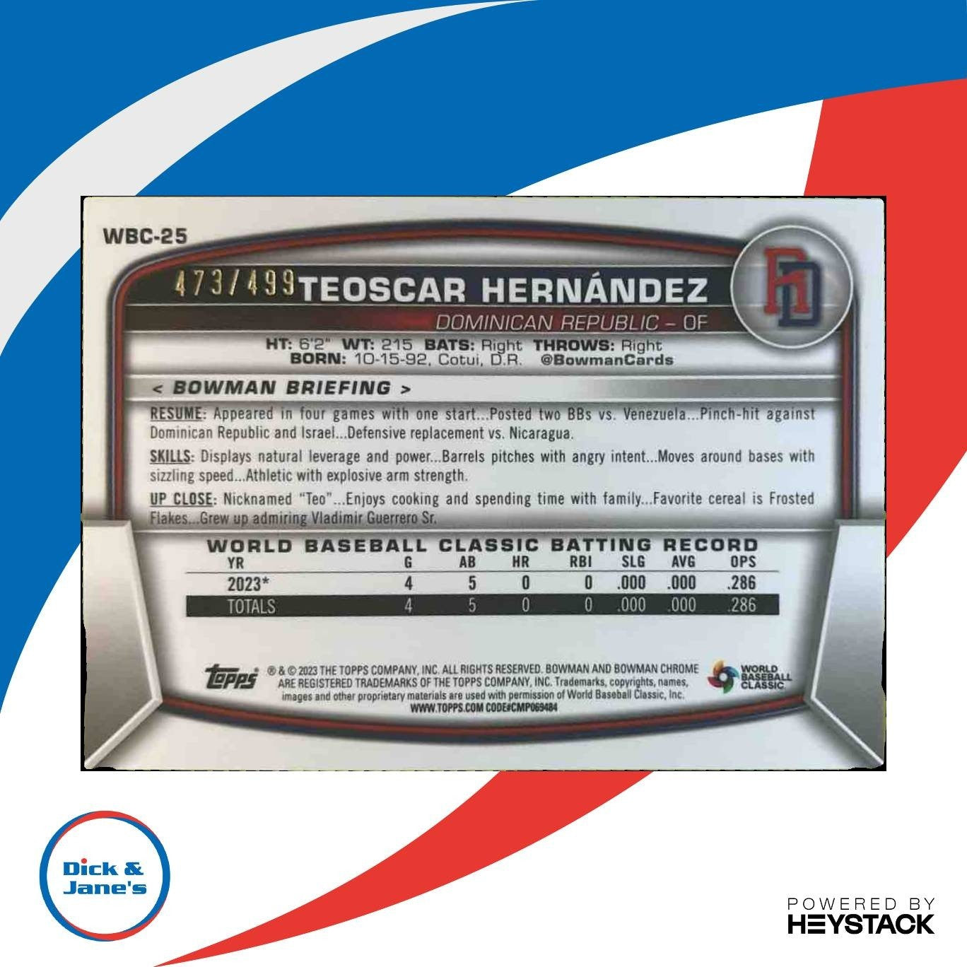 2023 Bowman Chrome Teoscar Hernandez WBC Flag Variations Refractor /499 #WBC-25 - Sports Cards