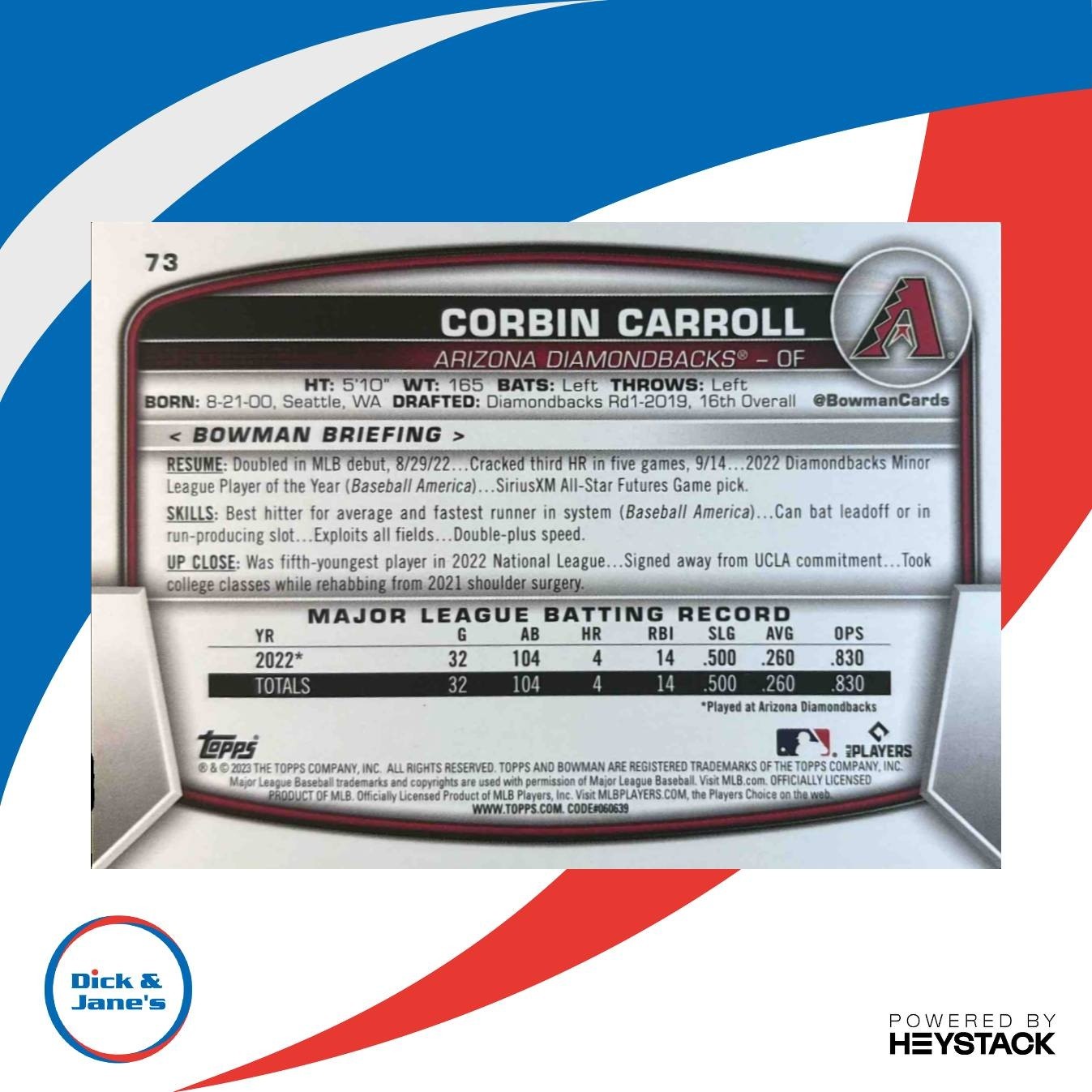 2023 Bowman Corbin Carroll #73 RC Arizona Diamondbacks - Sports Cards