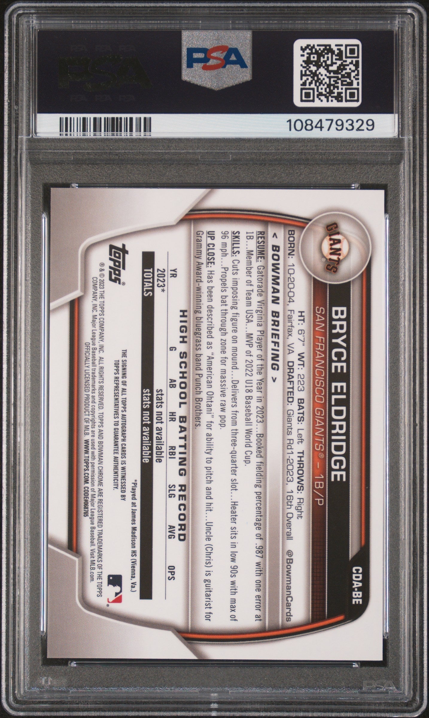 2023 Bowman Draft Chrome Prospect Autograph Bryce Eldridge PSA 9 SF Giants Graded Sports Cards