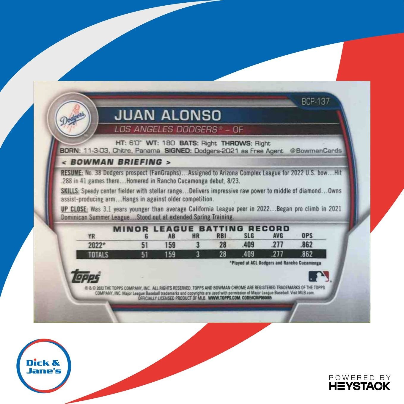 2023 Bowman Juan Alonso Chrome Green Shimmer Refractor /99 #BCP-137 Dodgers - Sports Cards