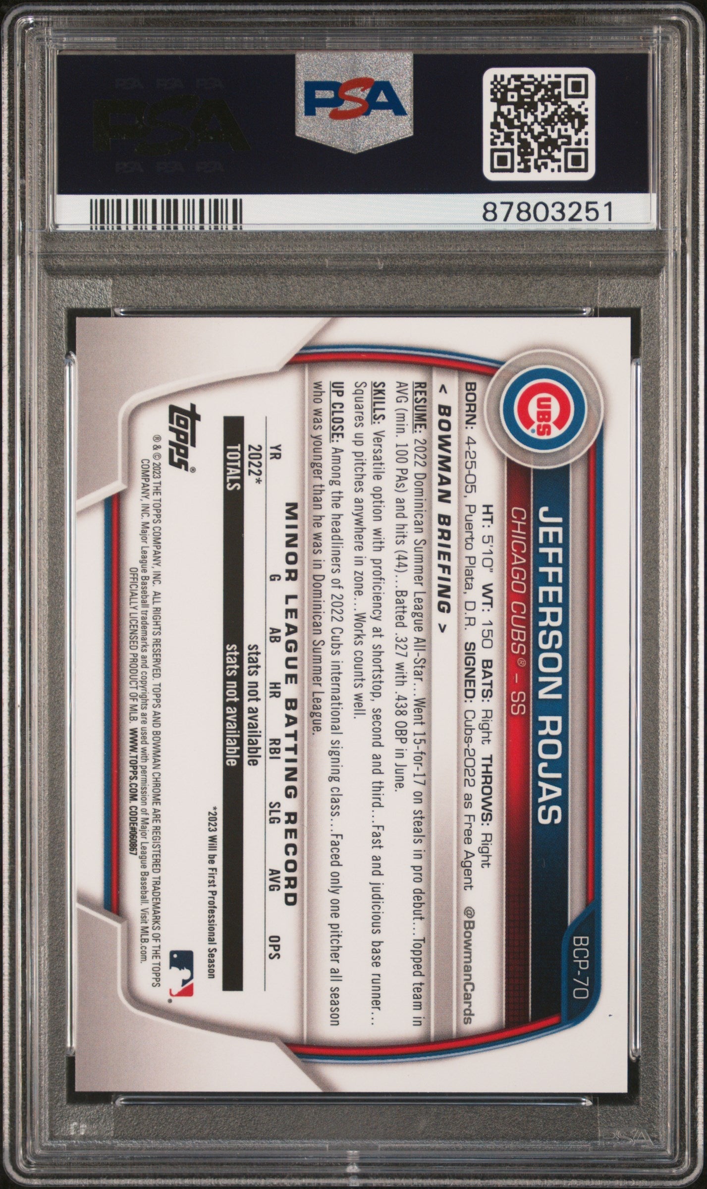 2023 Bowman Mega Box Chrome Jefferson Rojas Orange Refractor /25 #70 PSA 10 - Graded Sports Cards