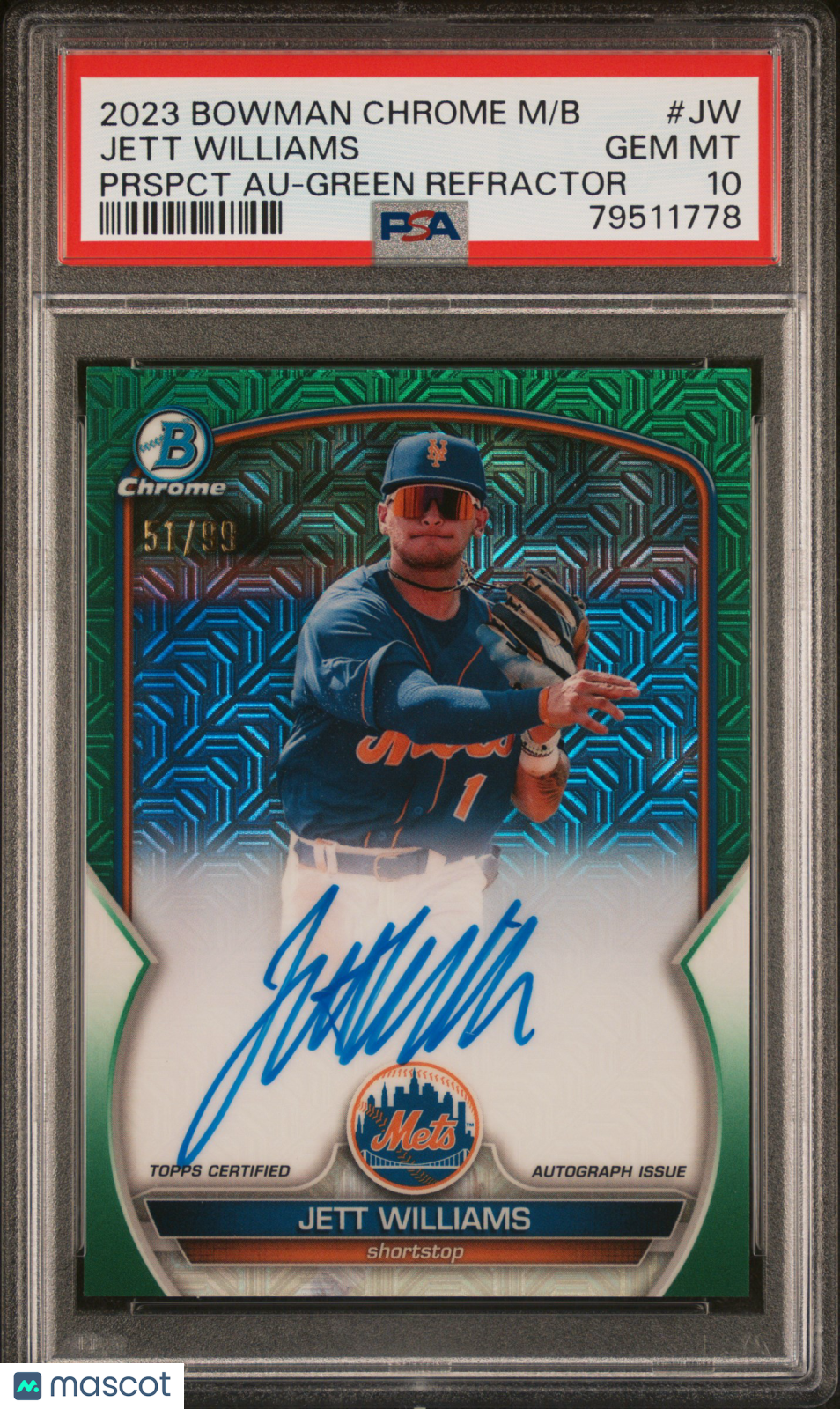 2023 Bowman Mega Box Chrome Prospect Auto Jett Williams Green Ref 51/99 PSA 10 - Graded Sports Cards
