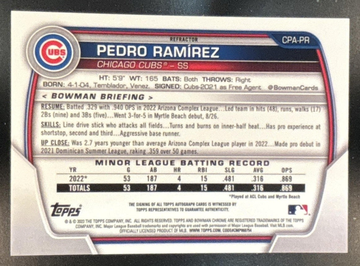 2023 Bowman Pedro Ramirez Chrome Auto Refractor /499 1st Prospect Chicago Cubs - Sports Cards