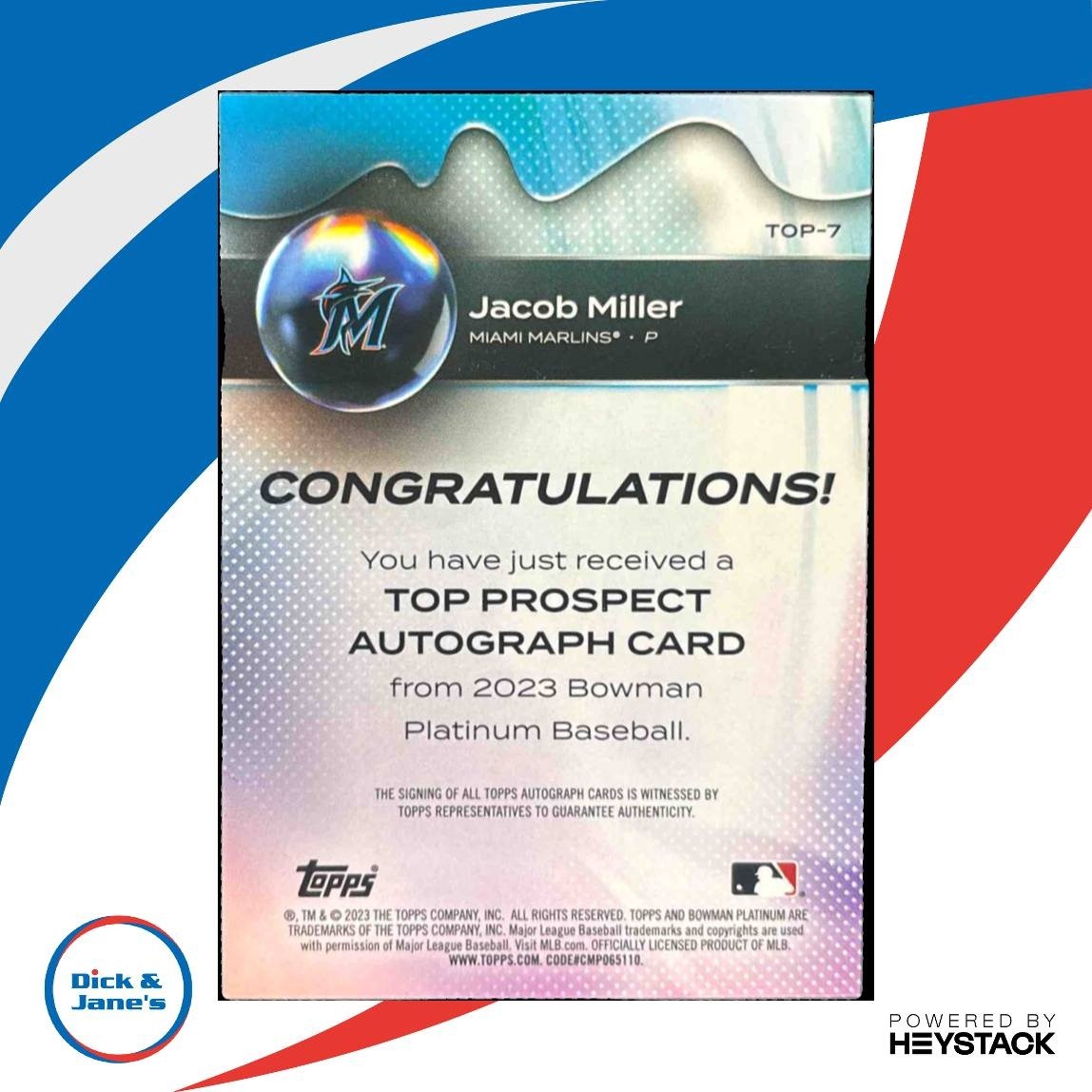 2023 Bowman Platinum Jacob Miller Top Prospects Auto #TOP-7 Miami Marlins - Sports Cards