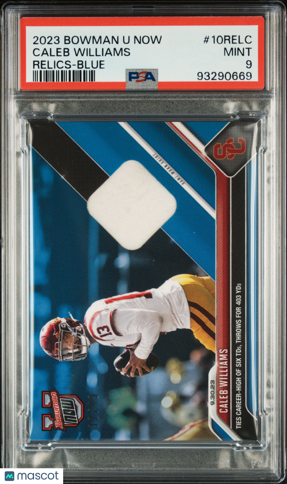 2023 Bowman U Now Relics Caleb Williams Blue /49 #10RELC PSA 9 MINT USC Trojans - Graded Sports Cards