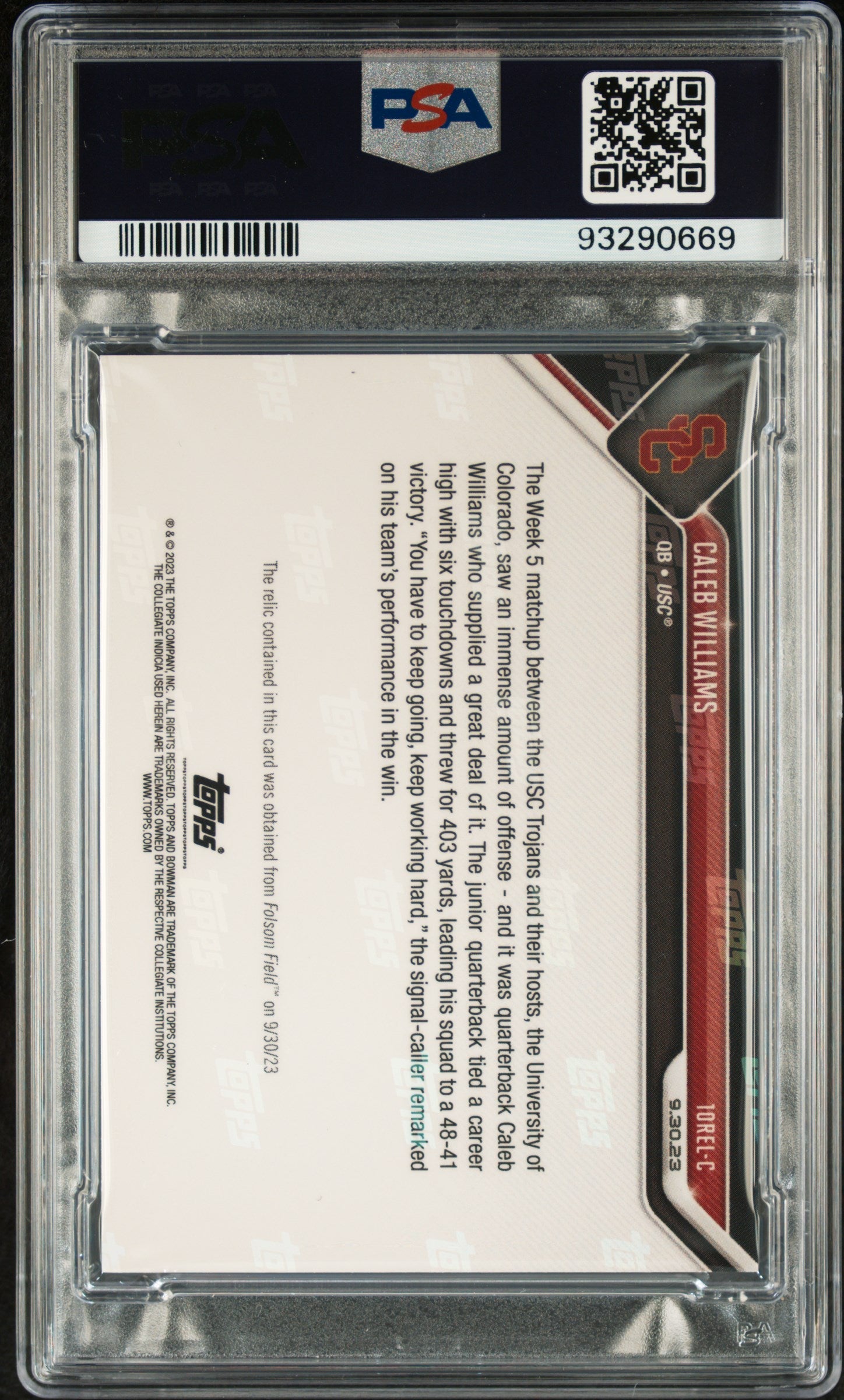 2023 Bowman U Now Relics Caleb Williams Blue /49 #10RELC PSA 9 MINT USC Trojans - Graded Sports Cards