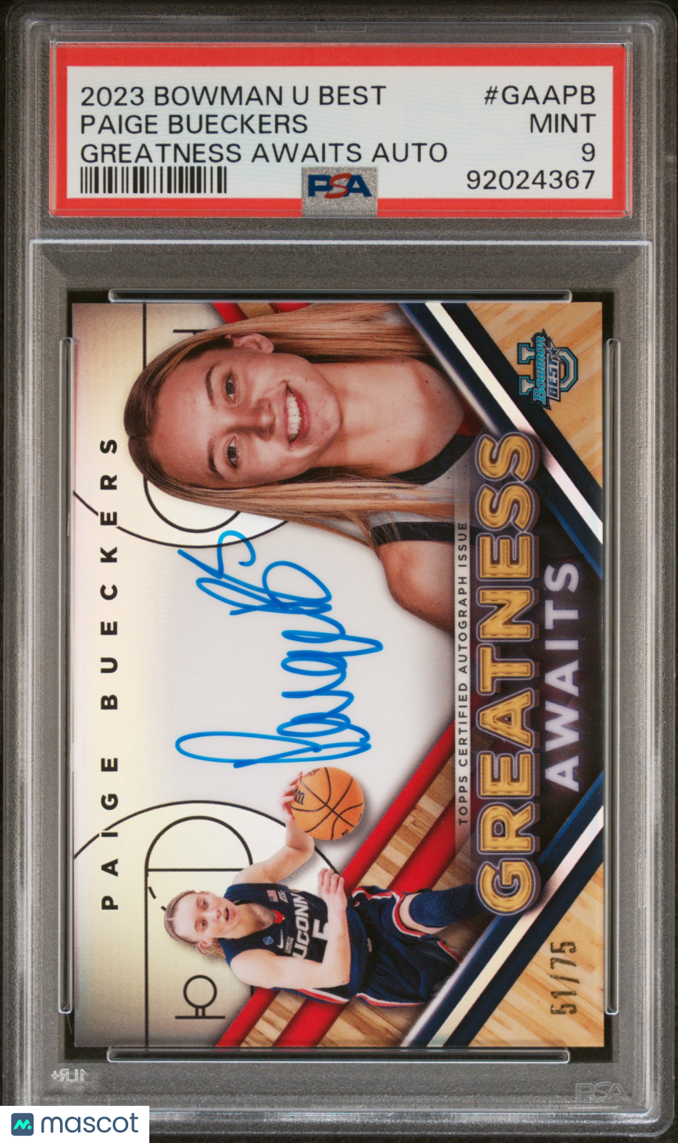 2023 Bowman University Best Greatness Awaits Autographs Paige Bueckers /75 PSA 9 - Graded Sports Cards