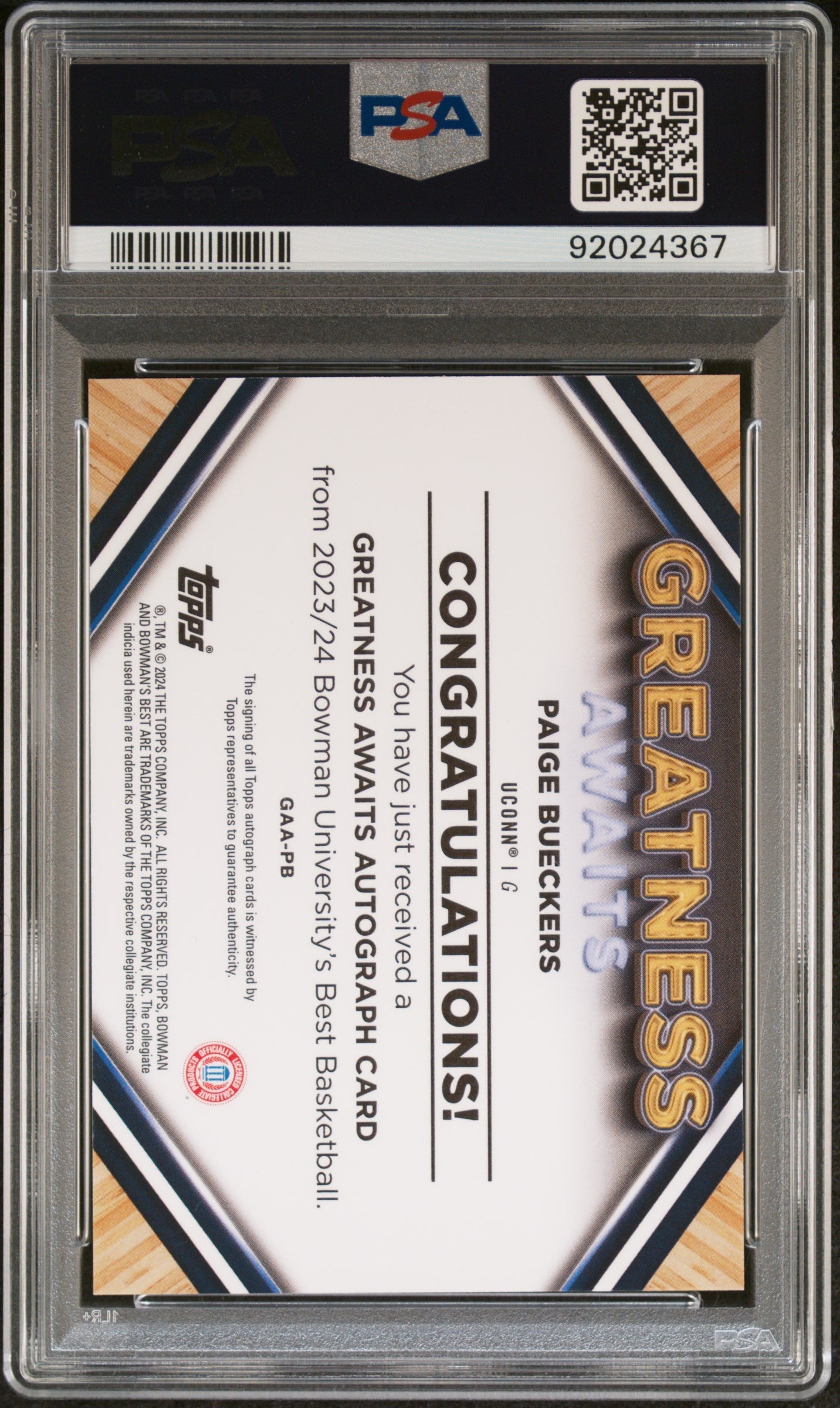2023 Bowman University Best Greatness Awaits Autographs Paige Bueckers /75 PSA 9 - Graded Sports Cards