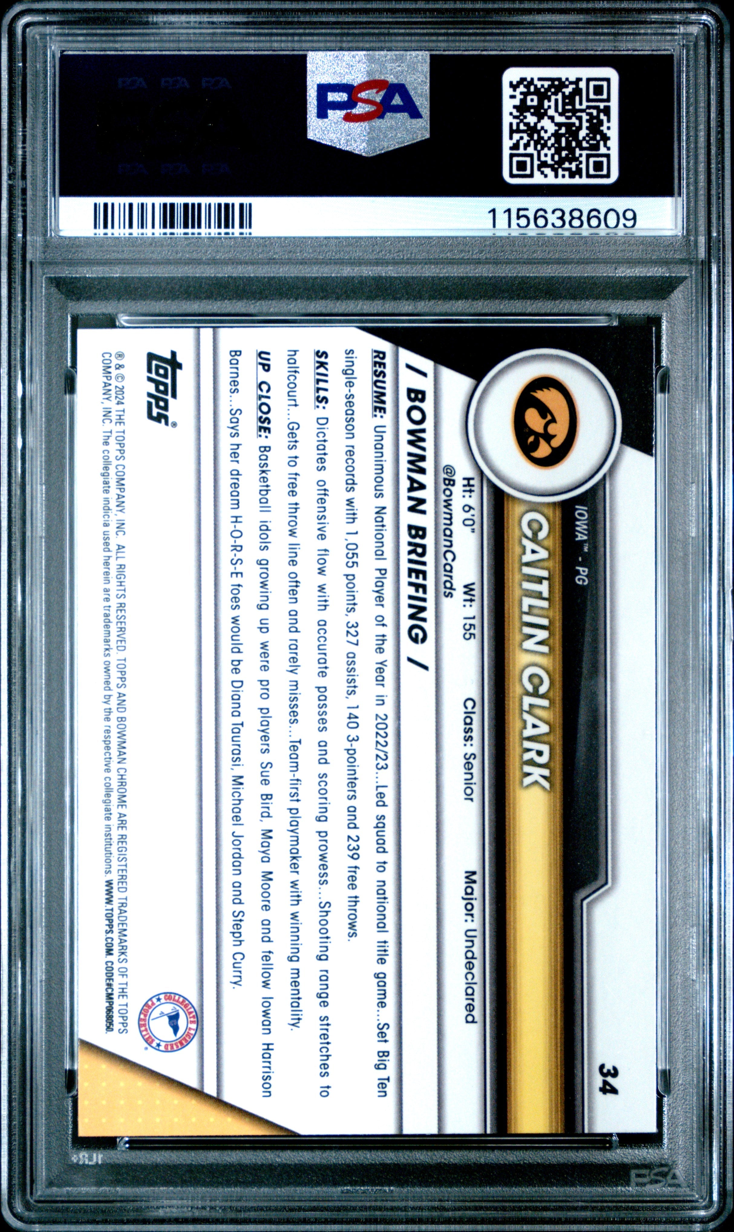 2023 Bowman University Chrome Caitlin Clark Rookie #34 PSA 10 Indiana Fever - Graded Sports Cards