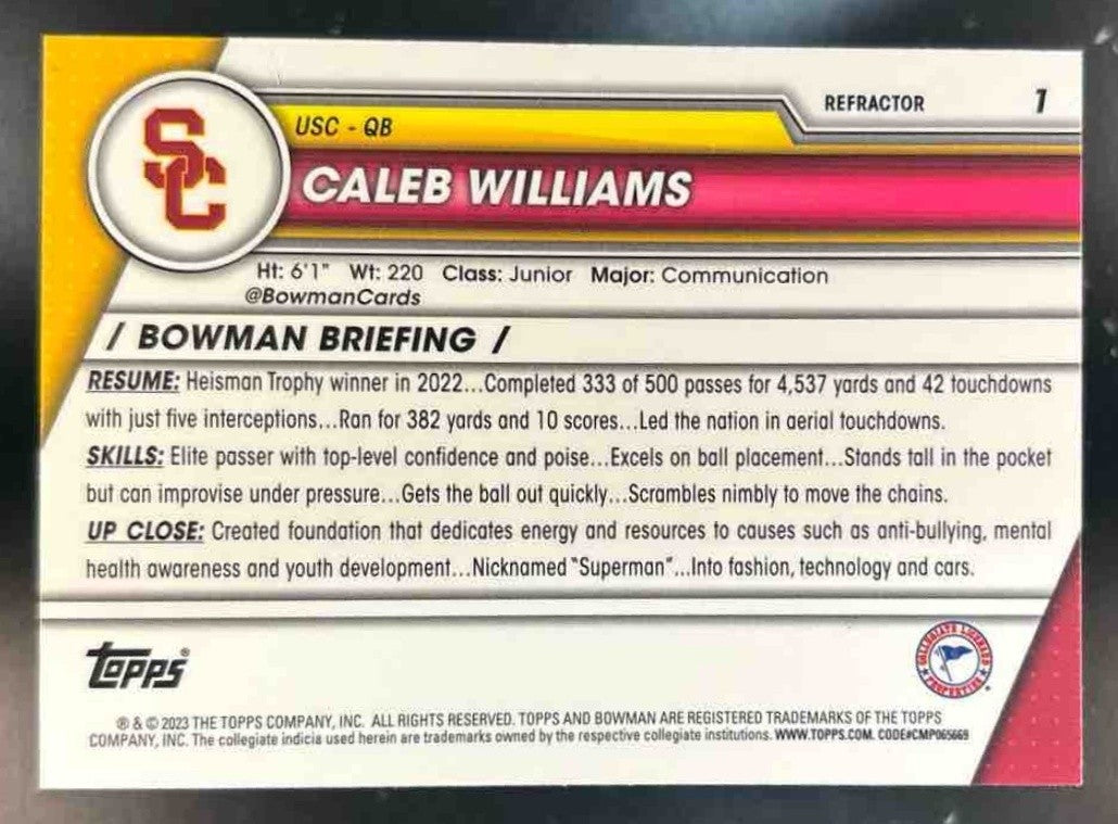 2023 Bowman University Chrome Caleb Williams Refractor #1 USC Trojans - Sports Cards