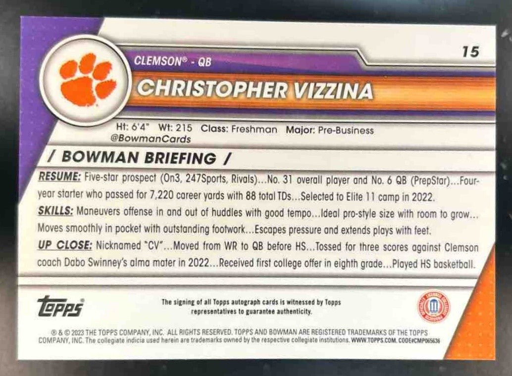 2023 Bowman University Chrome Christopher Vizzina Prospect Auto Clemson Tigers - Sports Cards