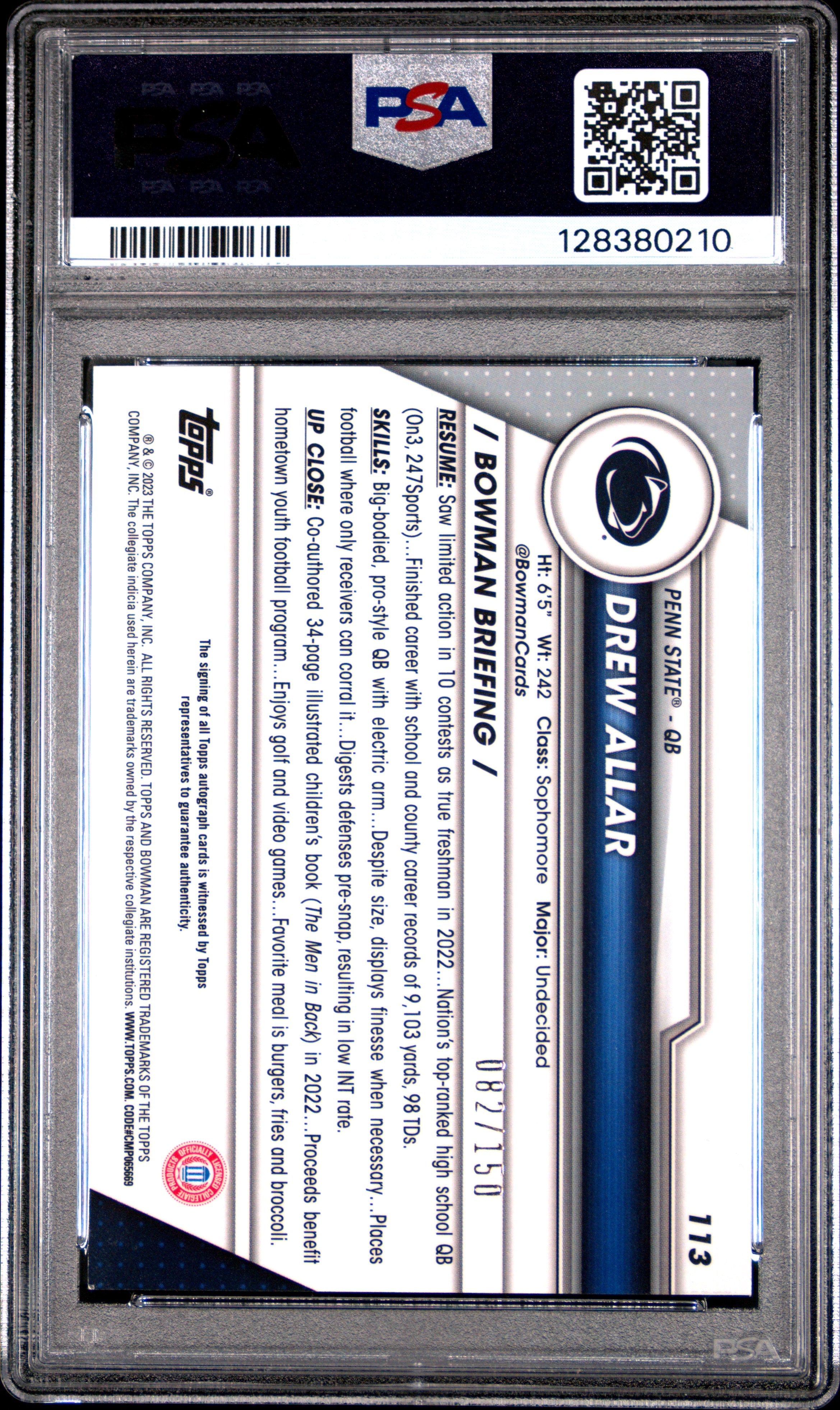 2023 Bowman University Chrome Drew Allar Au Fuchsia Mini Diamond Ref #113 PSA 9 - Graded Sports Cards