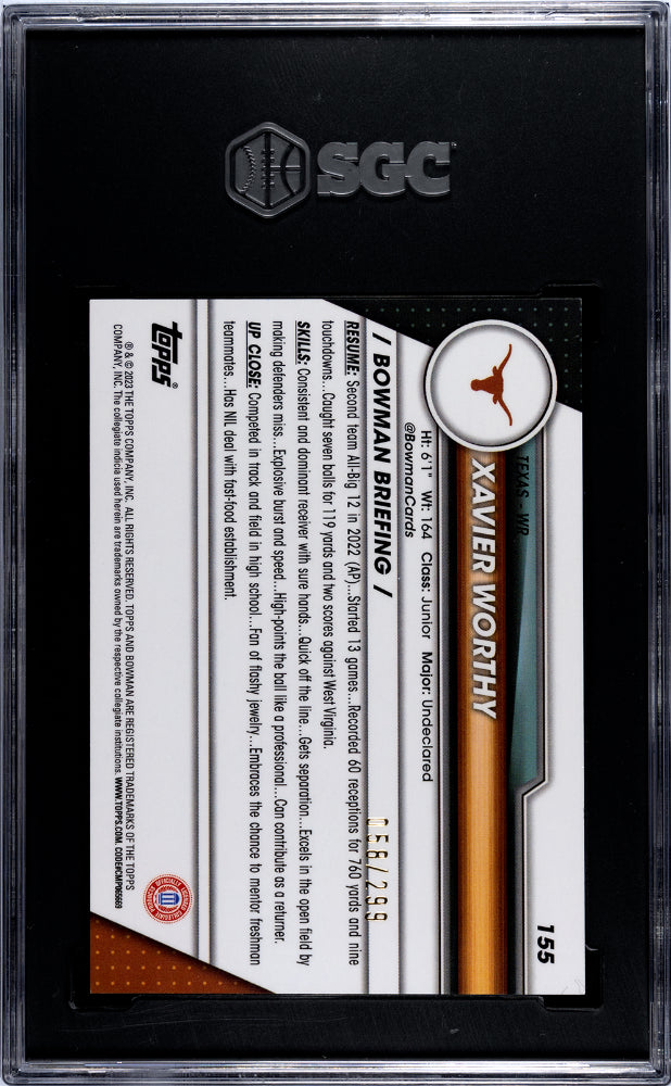 2023 Bowman University Chrome Xavier Worthy Aqua Refractor #155 SGC 9.5 Chiefs - Graded Sports Cards