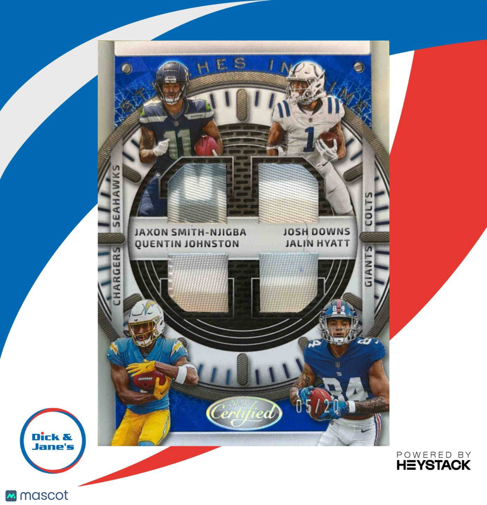 2023 Certified JSN Hyatt Downs Q Johnston Stitches in Time Quad Mirror Blue /20 - Sports Cards