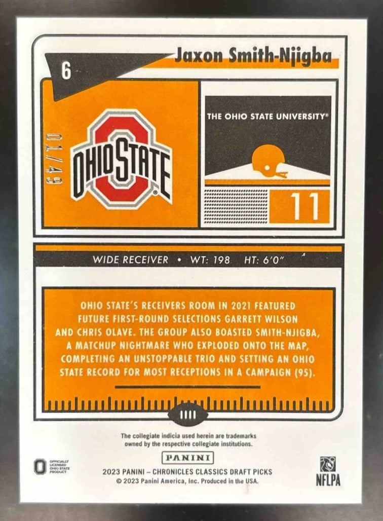 2023 Chronicles Draft Picks Jaxon Smith-Njigba Purple 1/49 RC Ohio State Buckeye - Sports Cards