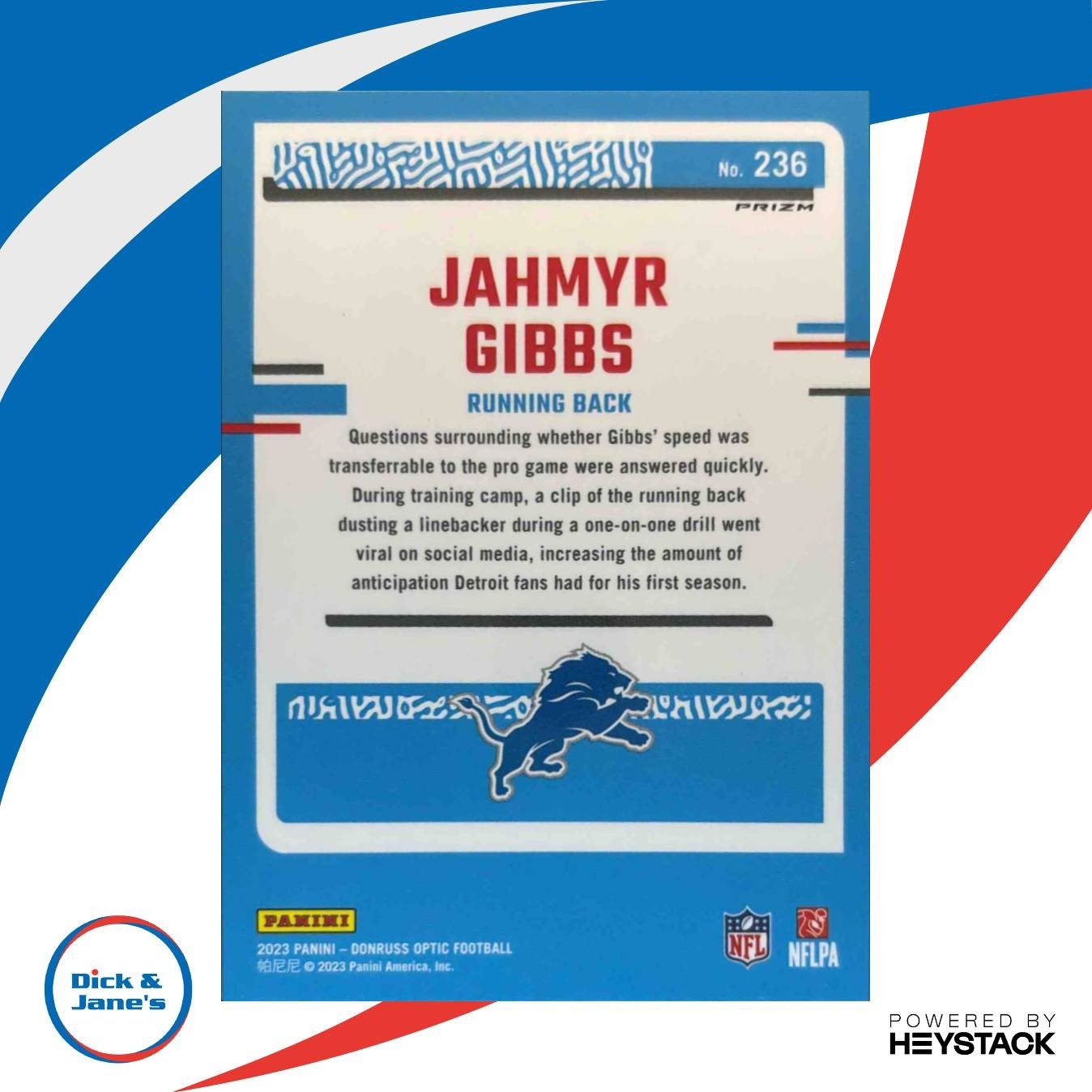 2023 Donruss Optic Jahmyr Gibbs Purple Shock Prizm #236 RC Detroit Lions - Sports Cards