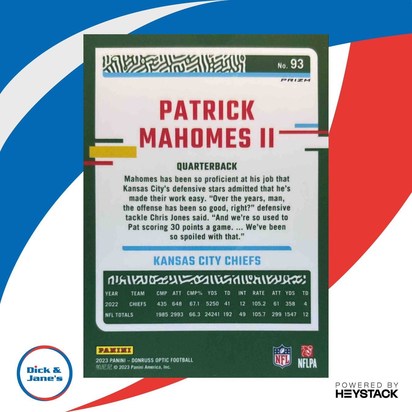 2023 Donruss Optic Patrick Mahomes II Blue Stars Prizm #93 Kansas City Chiefs - Sports Cards