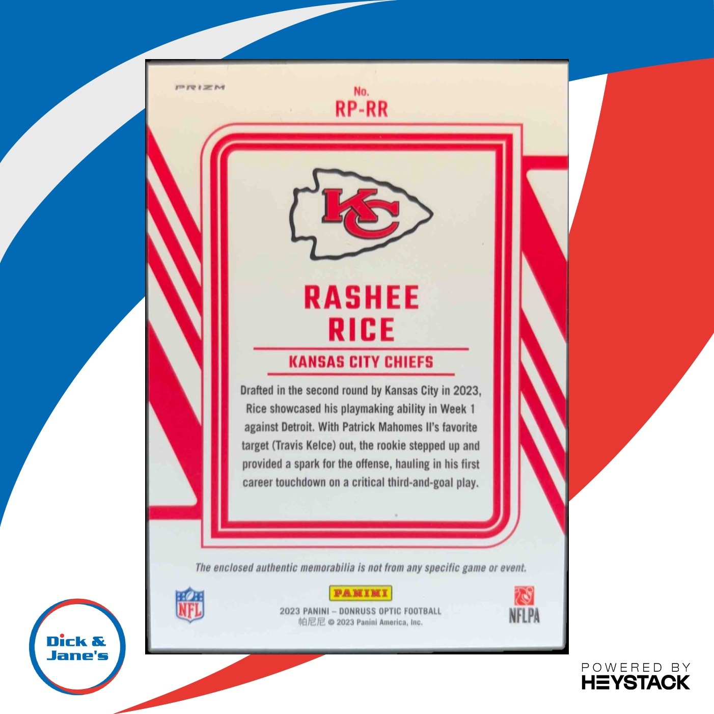 2023 Donruss Optic Rashee Rice Rookie Phenom Blue Hyper MEM Kansas City Chiefs - Sports Cards