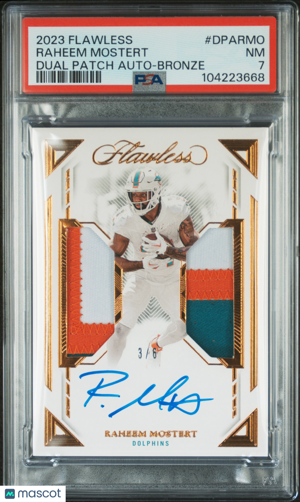 2023 Flawless Dual Patch Autographs Raheem Mostert Bronze 3 /6 PSA 7 Dolphins - Graded Sports Cards