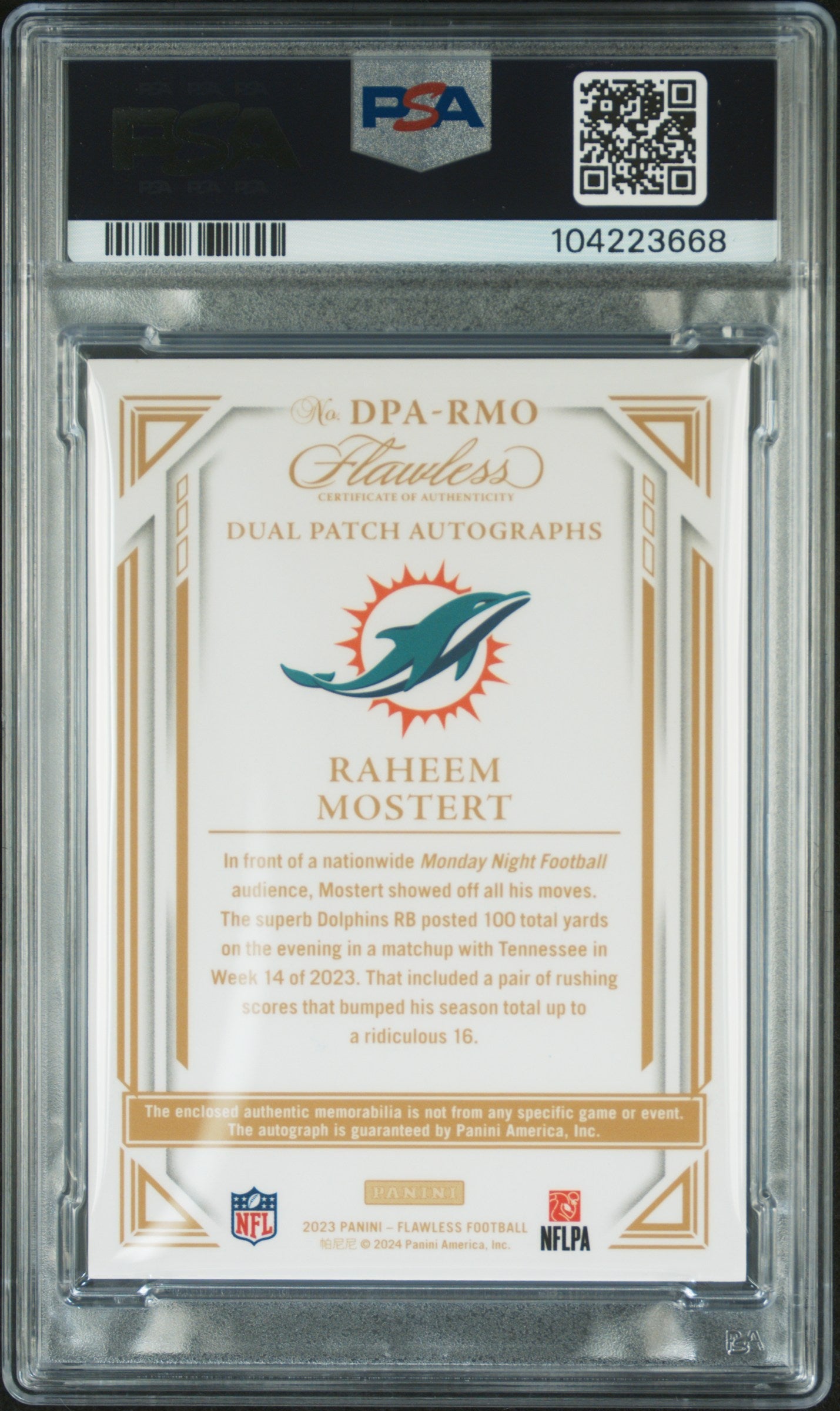 2023 Flawless Dual Patch Autographs Raheem Mostert Bronze 3 /6 PSA 7 Dolphins - Graded Sports Cards