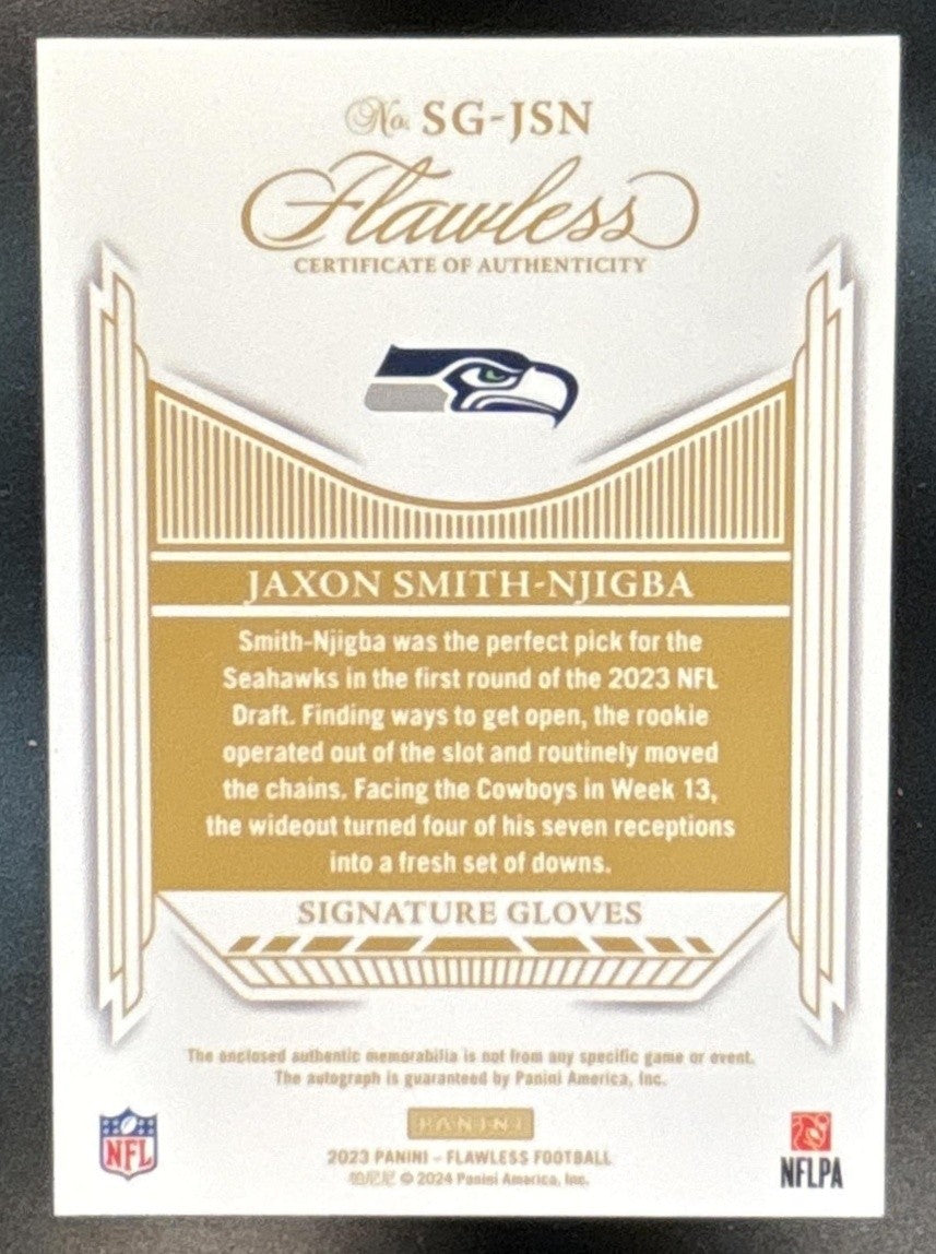 2023 Flawless Jaxon Smith-Njigba Signature Gloves Auto 1/20 Book End Seahawks - Sports Cards