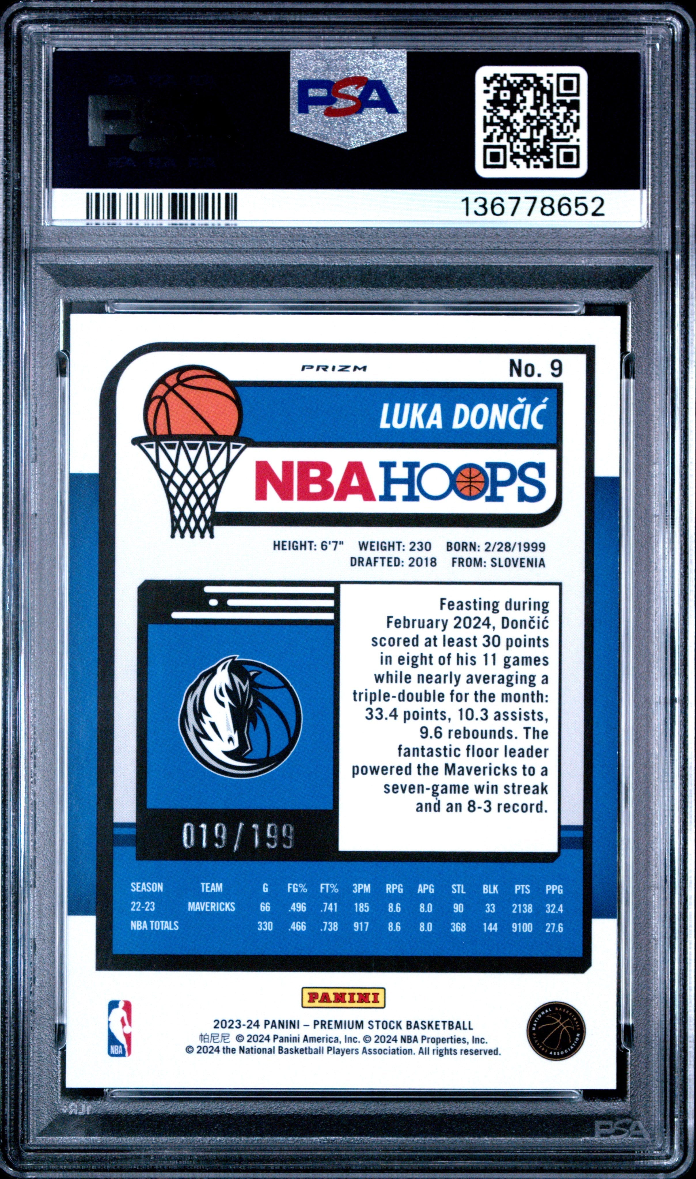 2023 Hoops Premium Stock Luka Doncic Red Seismic Prizm 019/199 PSA 10 GEM MINT - Graded Sports Cards