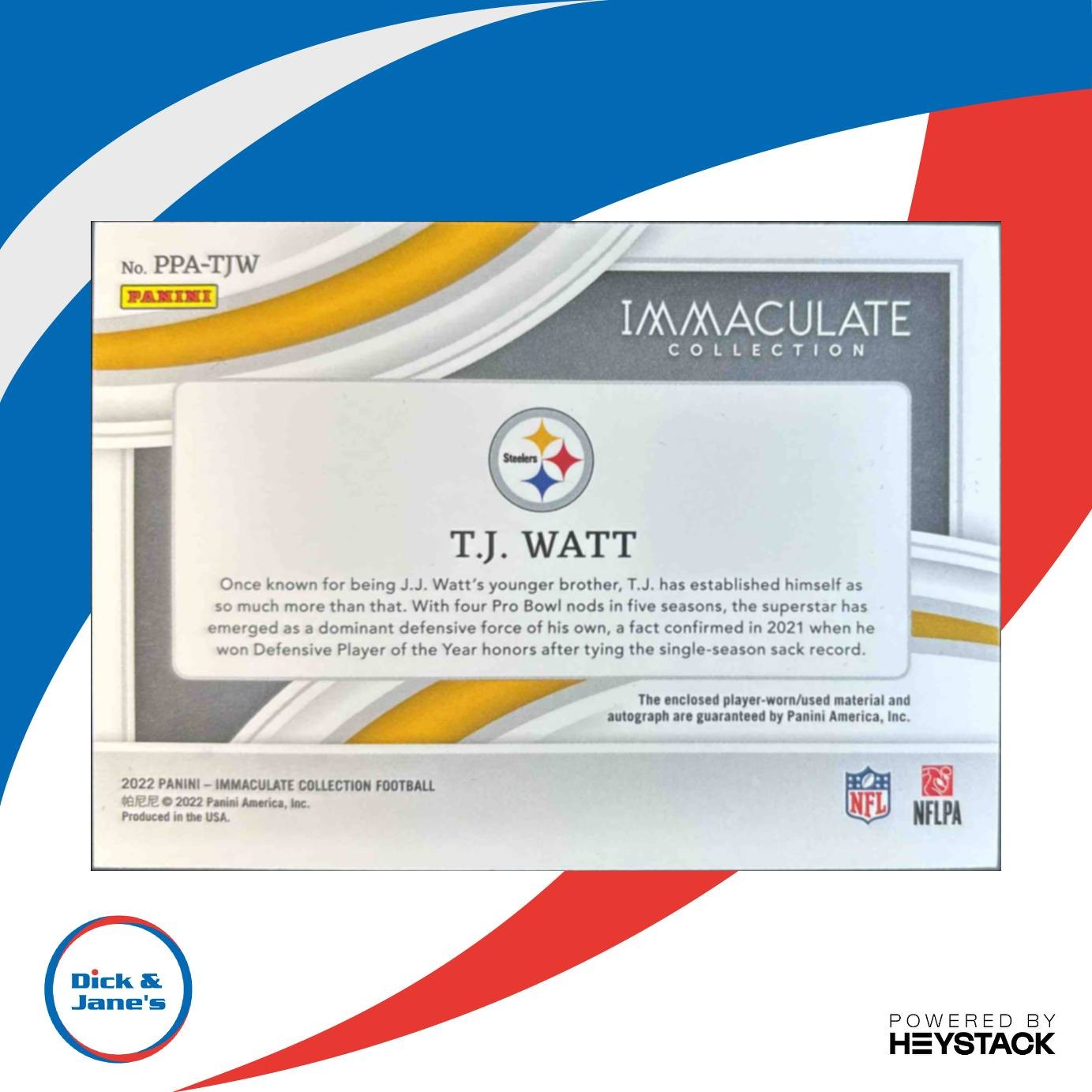 2023 Immaculate Collection T.J. Watt 2022 Premium Patch Auto 20/49 Steelers - Sports Cards