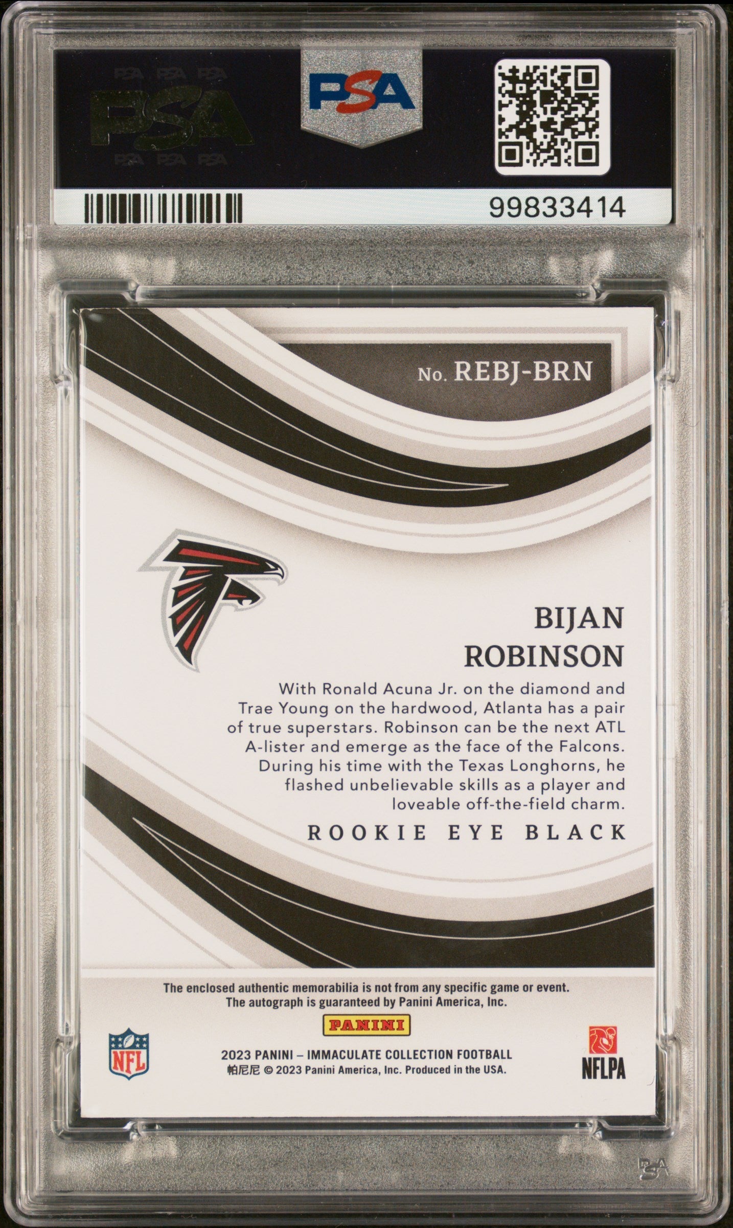 2023 Immaculate Rookie Eye Black Jersey Auto Bijan Robinson 24/99 PSA 8 - Graded Sports Cards