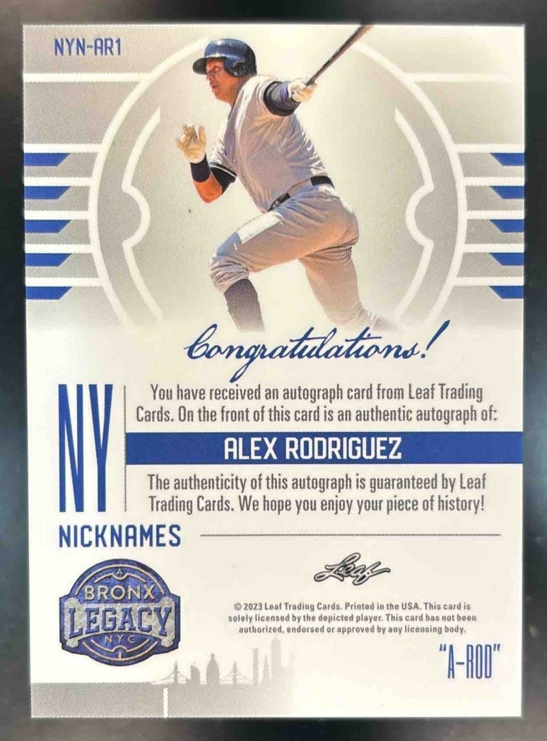 2023 Leaf A Bronx Legacy Alex Rodriguez Nicknames 1/1 NY Yankees ’A-Rod’ Auto - Sports Cards