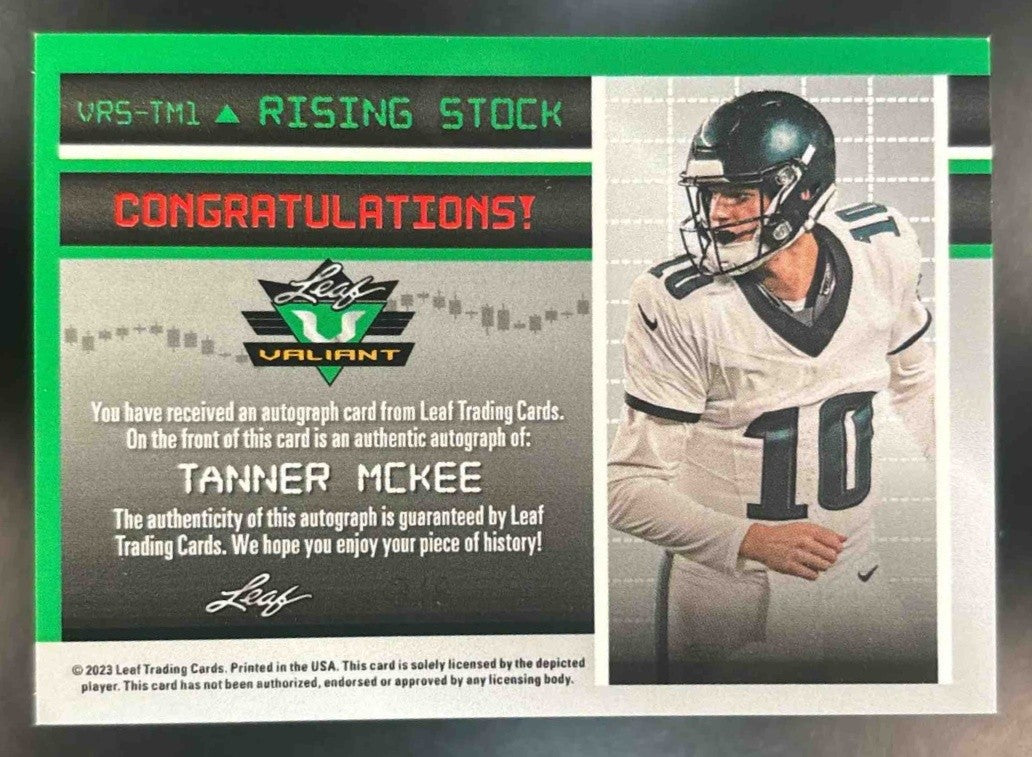 2023 Leaf Eclectic Tanner McKee Valiant Rising Stock Auto Red /9 RC Eagles - Sports Cards