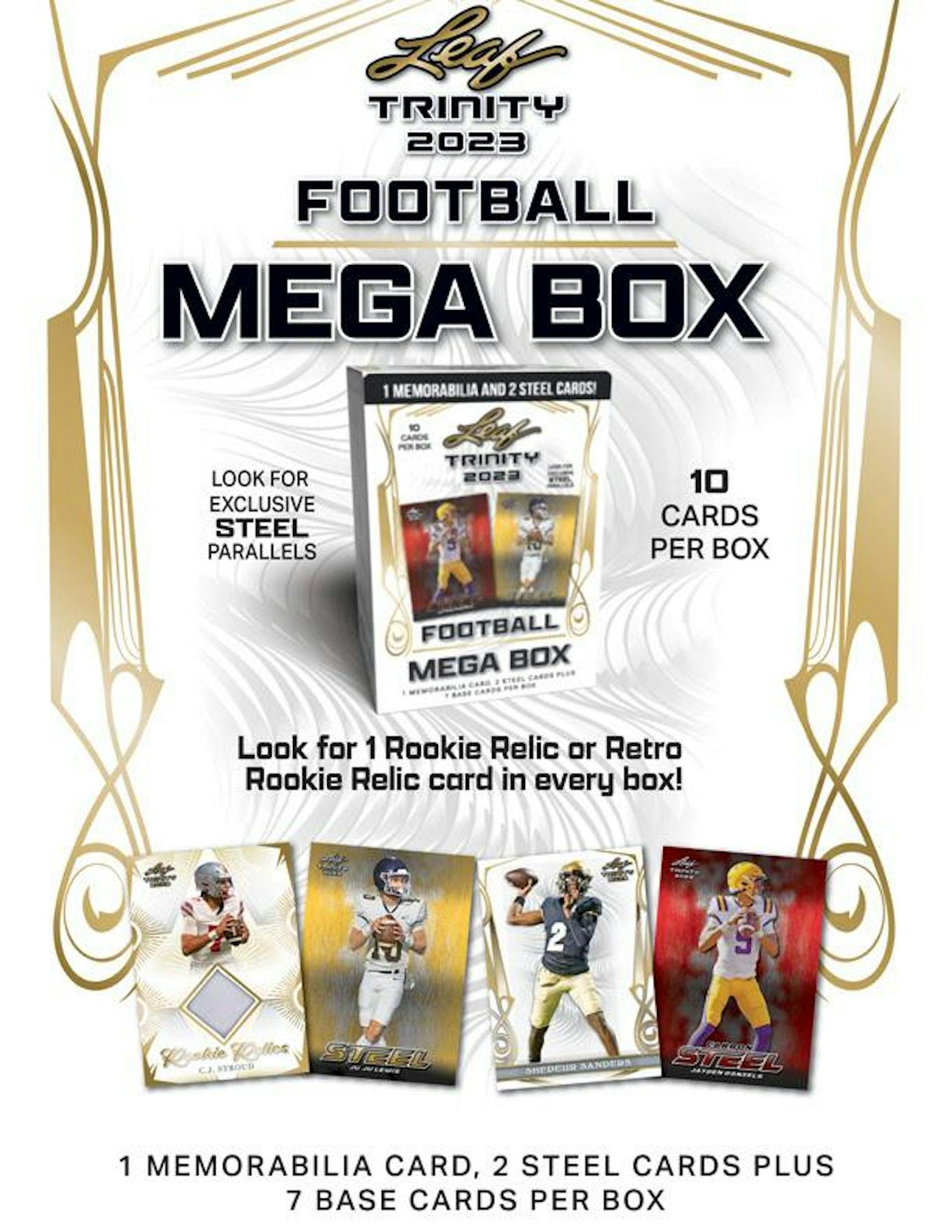 2023 Leaf Trinity Football Mega Box (1 Mem and 2 Steel Cards) NFL Hobby Box