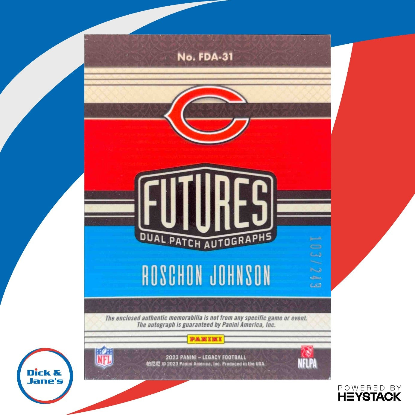 2023 Legacy Roschon Johnson Futures Dual Patch Auto Silver /249 RC Chicago Bears - Sports Cards