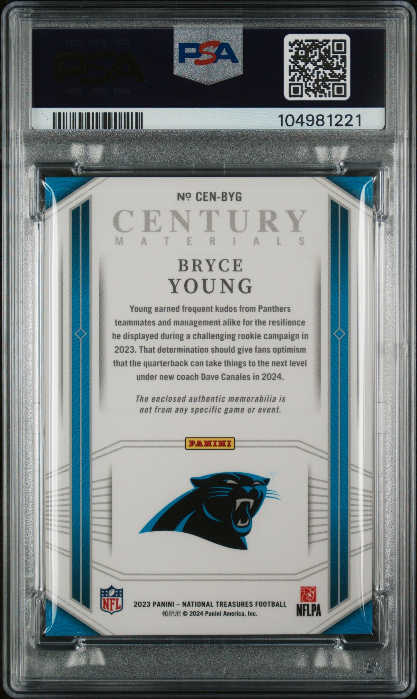 2023 National Treasures Century Materials Bryce Young Rookie 14/99 PSA 9 MINT - Graded Sports Cards